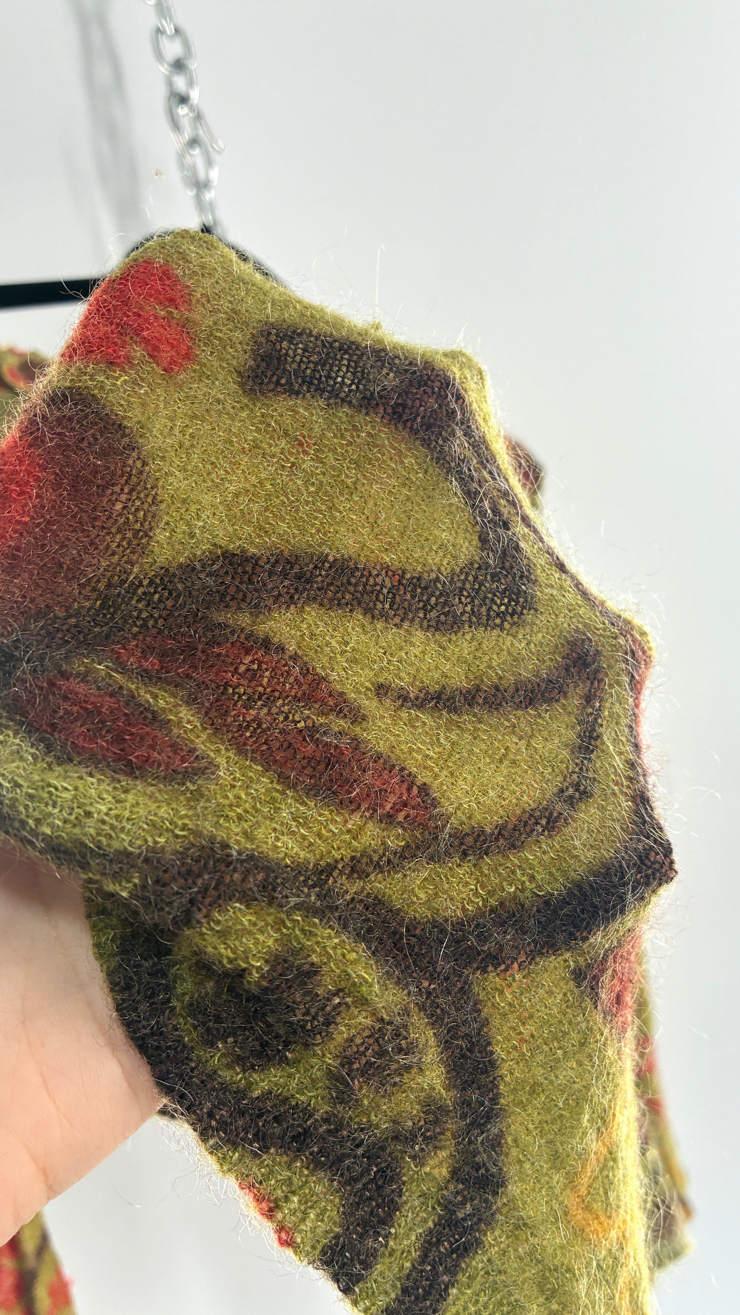 Vintage Green Paisley Mohair/Merino Wool Blend Long Sleeve with Bust Clasp and Ruffled Design (Medium)