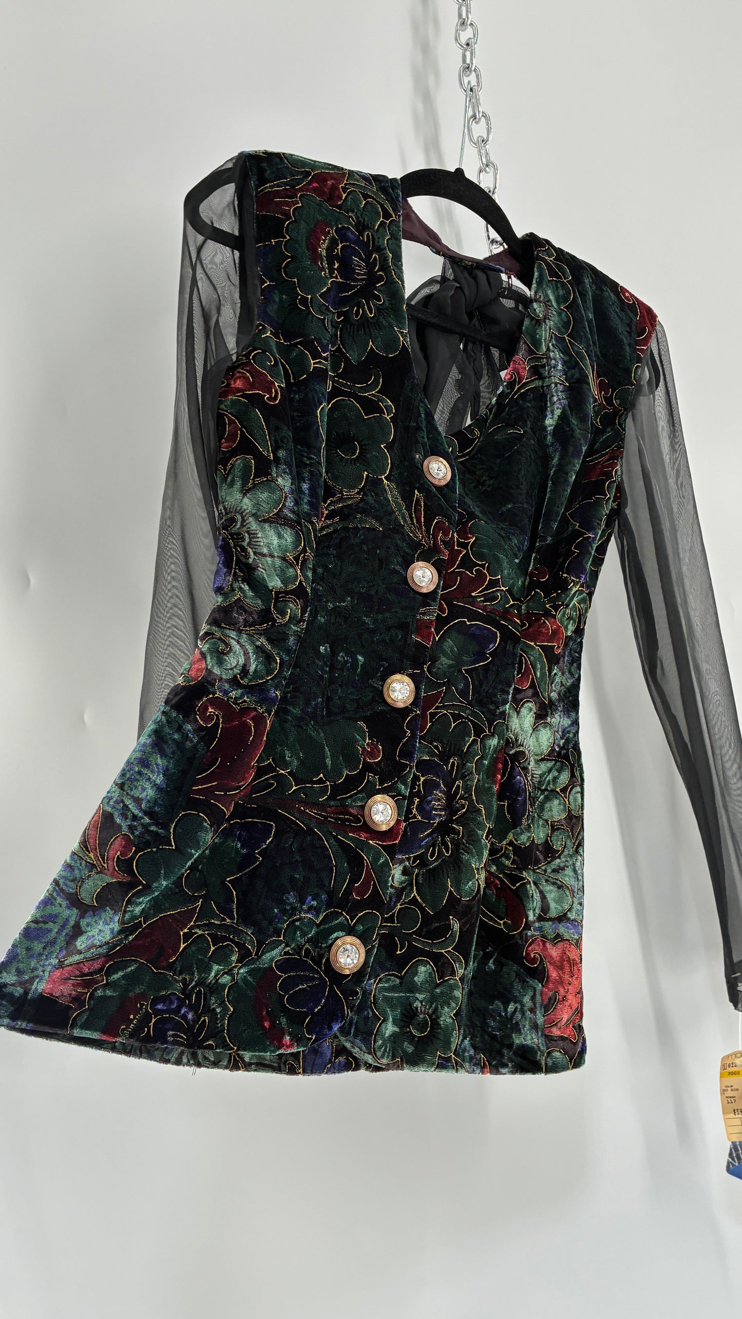 Deadstock Vintage RAMPAGE 1980s Micro Mini Dress Velour with Sheer Bubble Sleeves, Open Back, Elaborate Crystal Buttons and Bow Back Detail (Small)