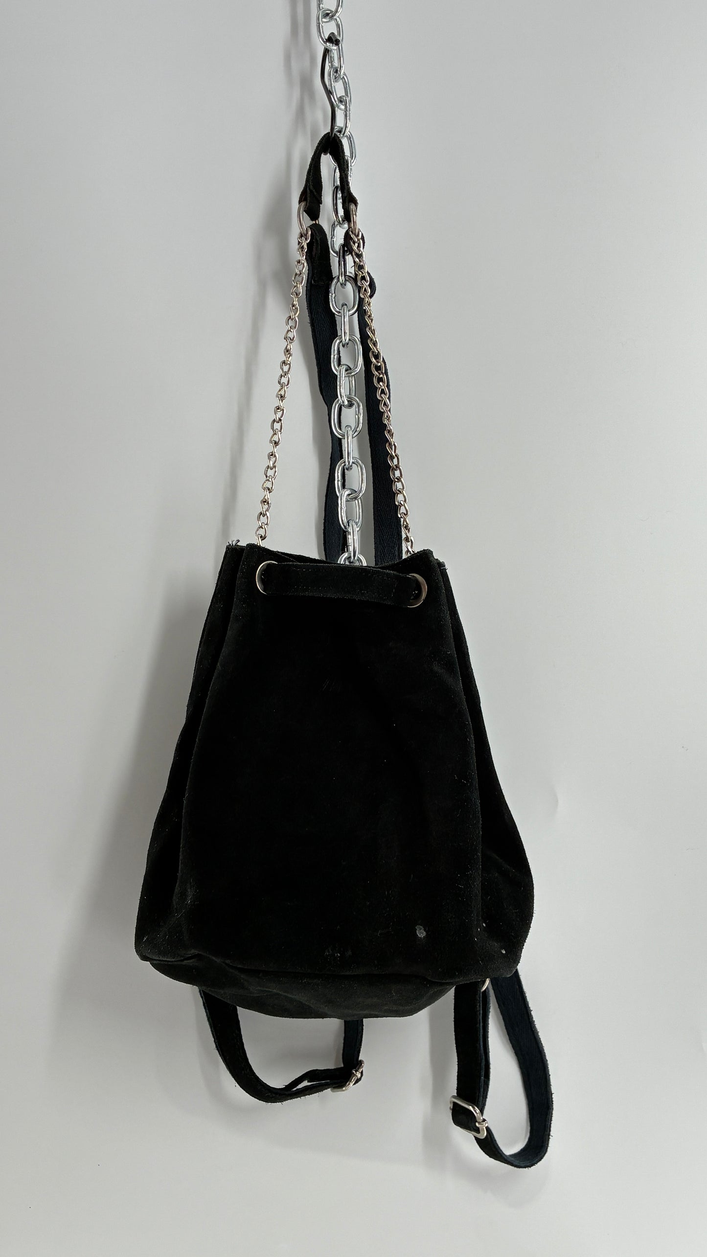 Black Genuine Suede Convertible Chain Link Backpack