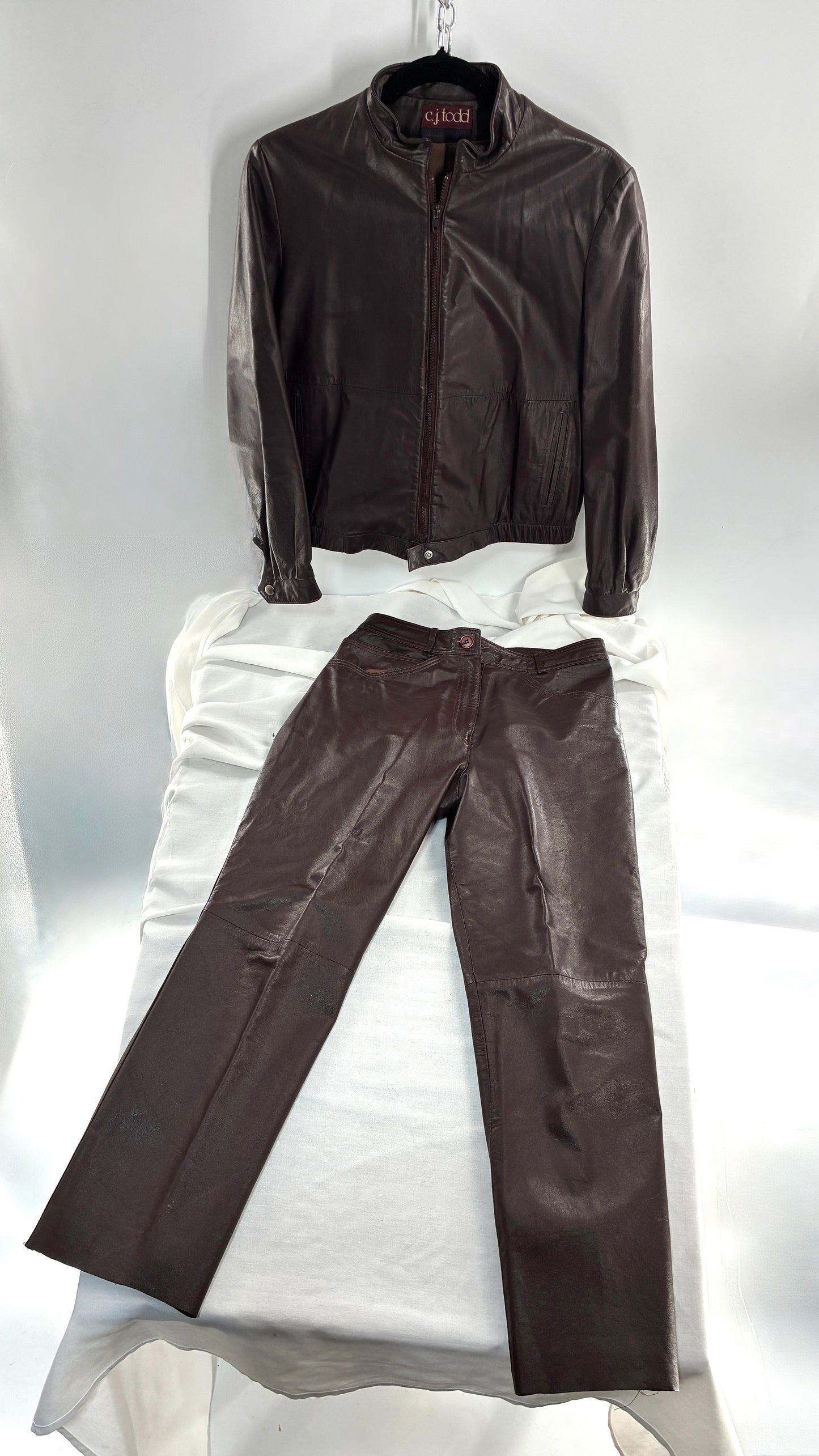 Vintage JORDACHE X CJ TODD Chocolate Brown Genuine Leather Trouser Moto Jacket Set (Small)