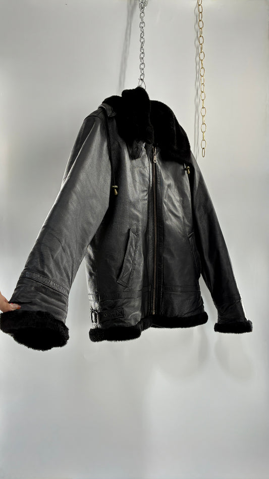 Vintage TANNERS AVENUE Black Genuine Leather Jacket with High Neck and Hood (Medium)