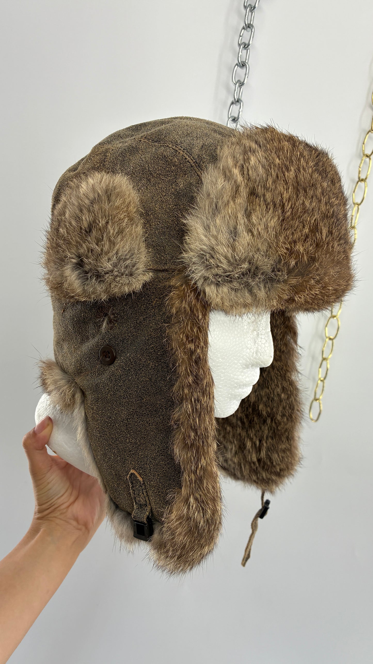 Vintage YUKON CHARLIE Genuine Leather Aviator Trapper Hat with Rabbit Fur Lining
