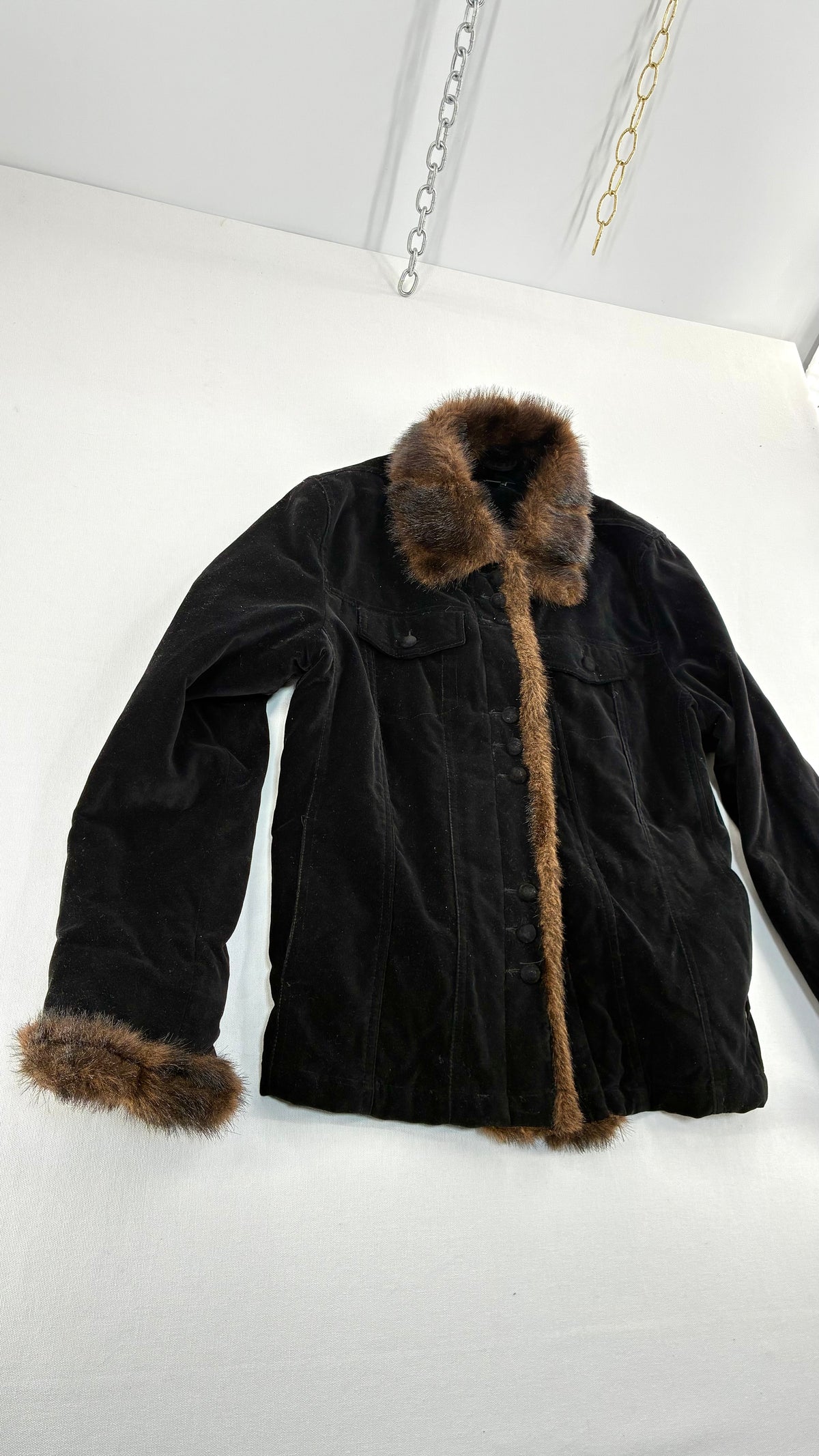 Vintage BLACK RIVET Velour Jacket with Vegan Fur Trim Collar and Cuffs (Large)