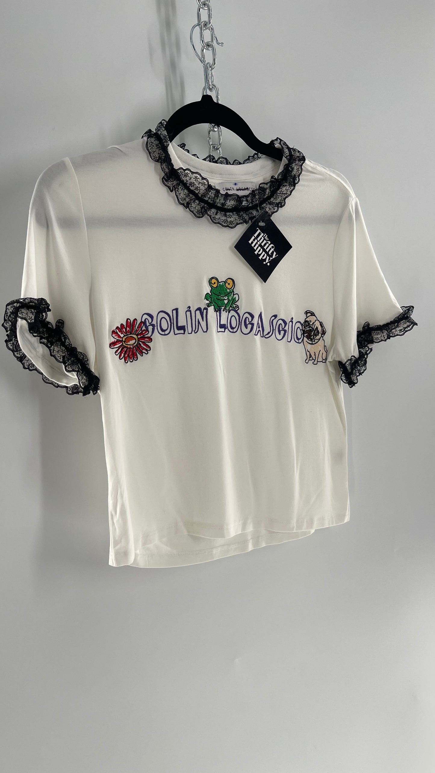 Colin Locascio Tannie T Shirt White Black Lace Ruffle Sleeves Frog Embroidery  (Small)