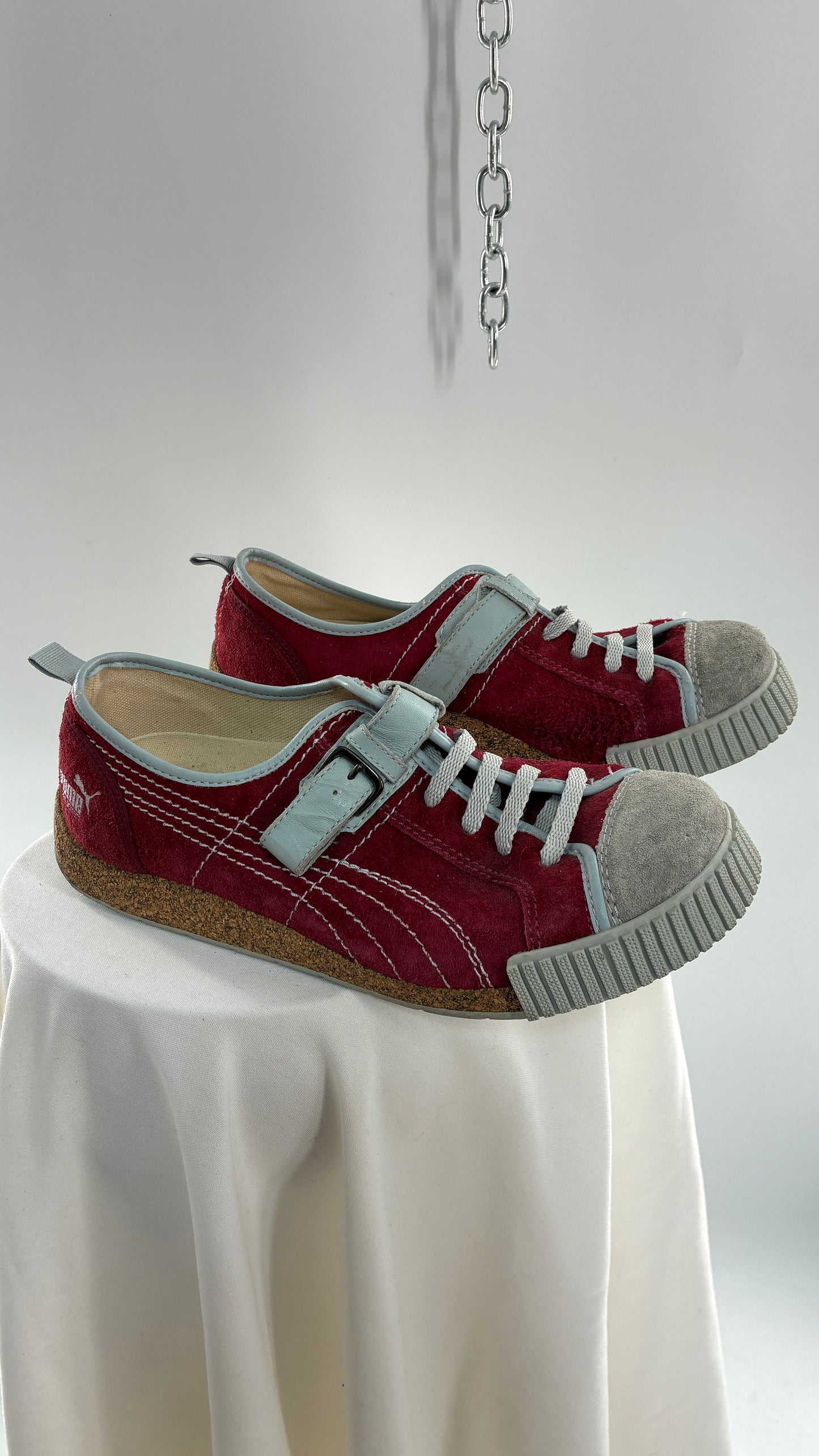 RARE 1/1 PUMA X Neil Barrett 2004 Maroon Red Suede Round Toe Sneaker with Powder Blue Stitching, Laces, and Velcro Buckle (11)