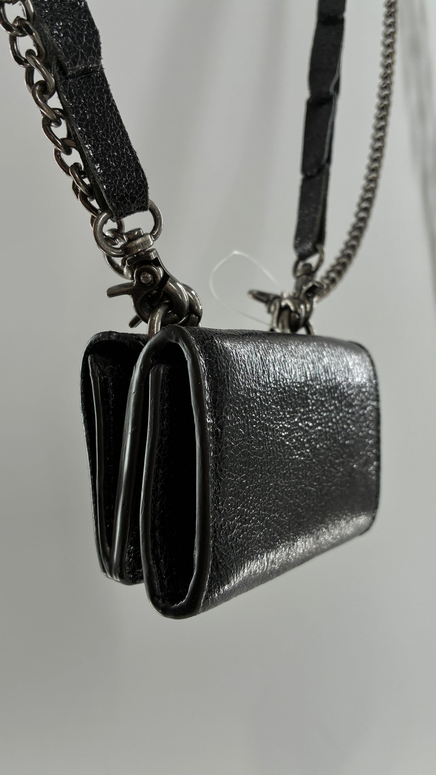 Free People Black Metallic Goat Leather Wallet with Leather and Chain Straps