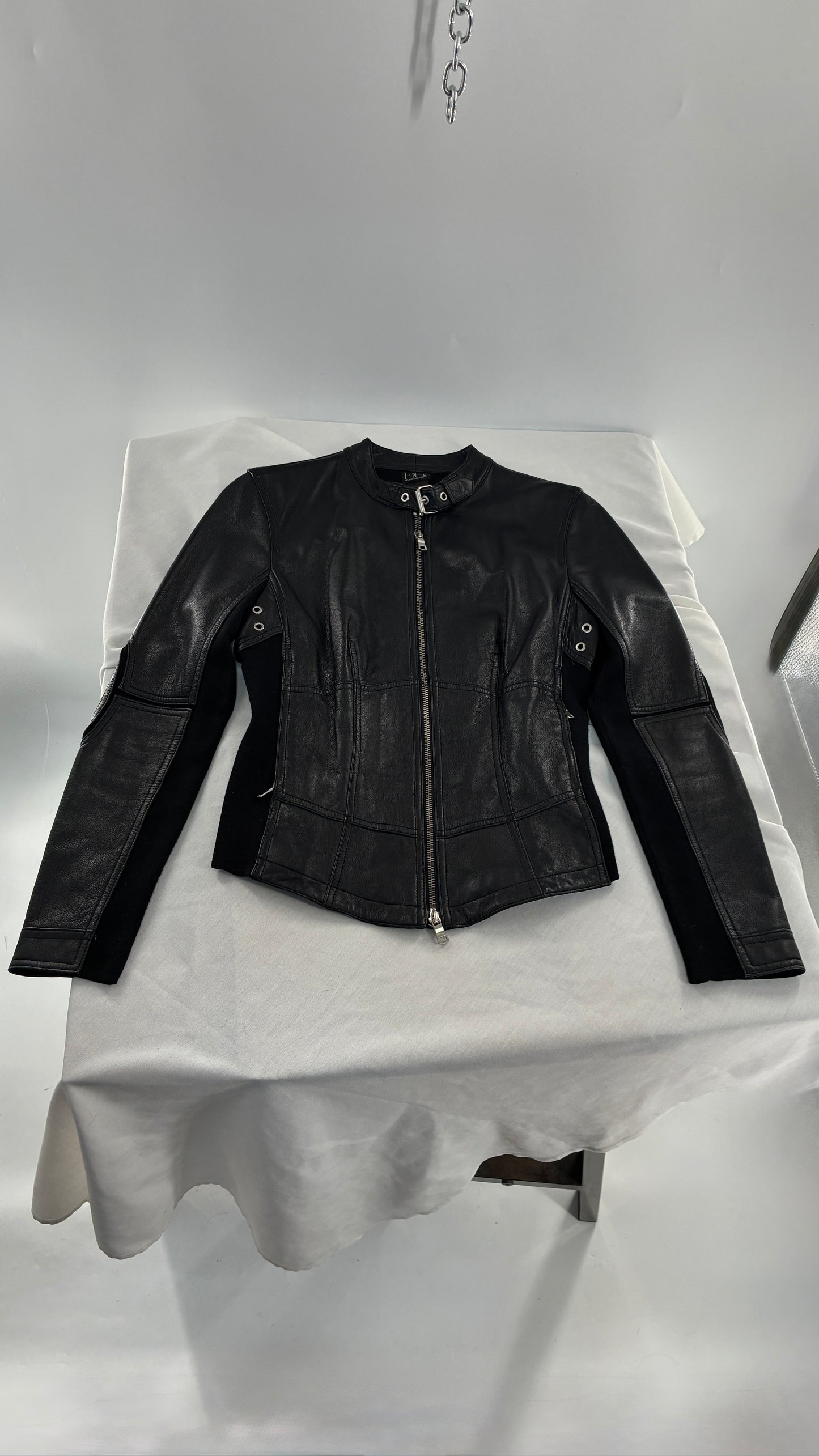 Vintage INC Black Genuine Leather and Wool Blend Paneled Patch Motorcycle Jacket (Medium)