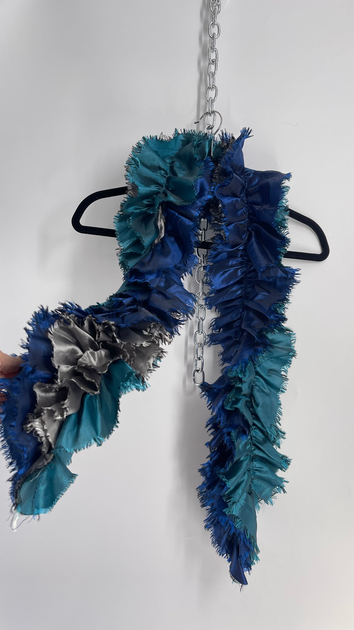 Vintage Silver, Royal Blue, Teal Frayed Spiral Scarf