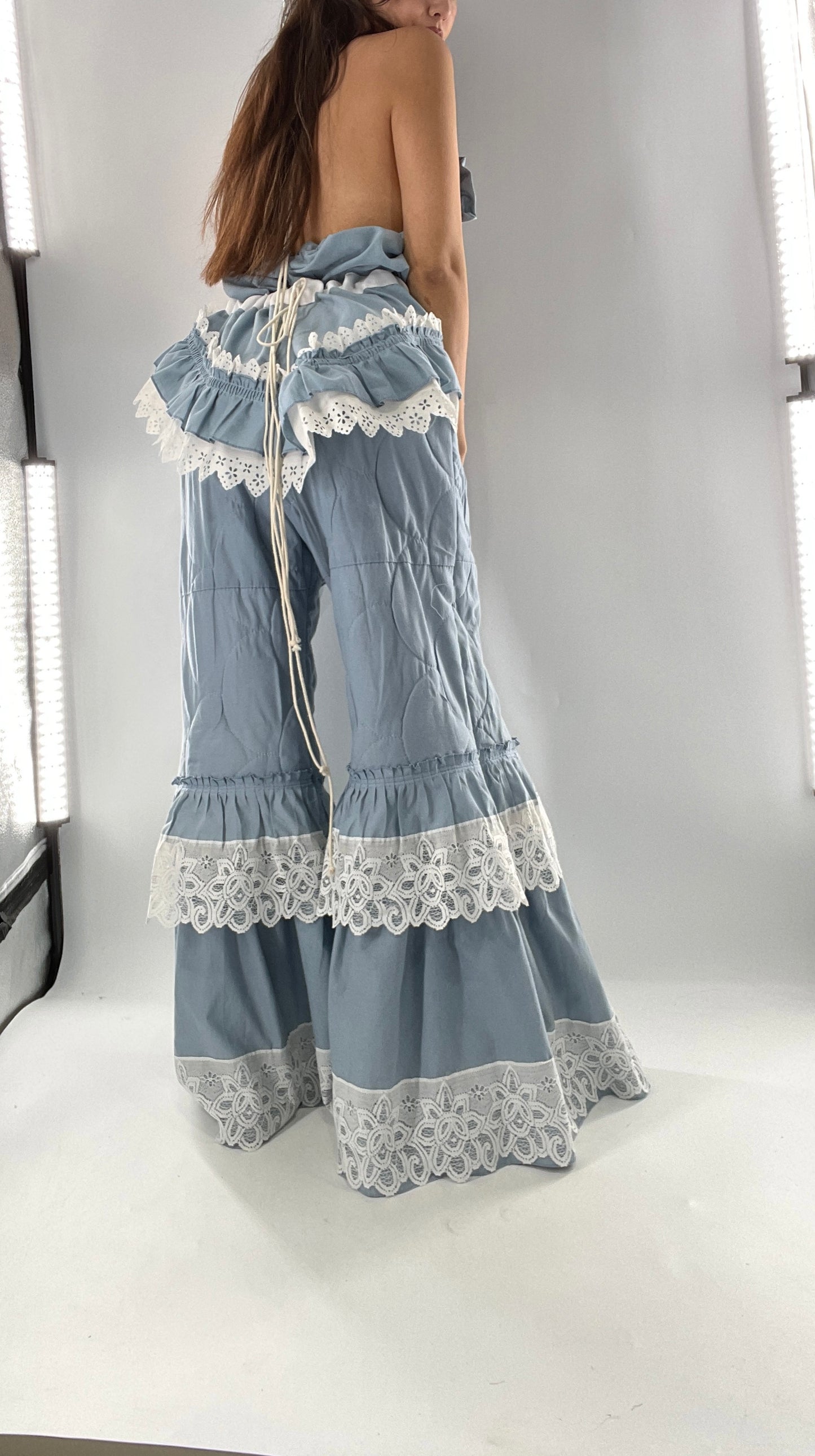 Vintage 2 Piece Powder Blue Set Featuring 2Way Blouse and Quilted Trousers Covered in Ruffles, Lace and Trim (One Size)