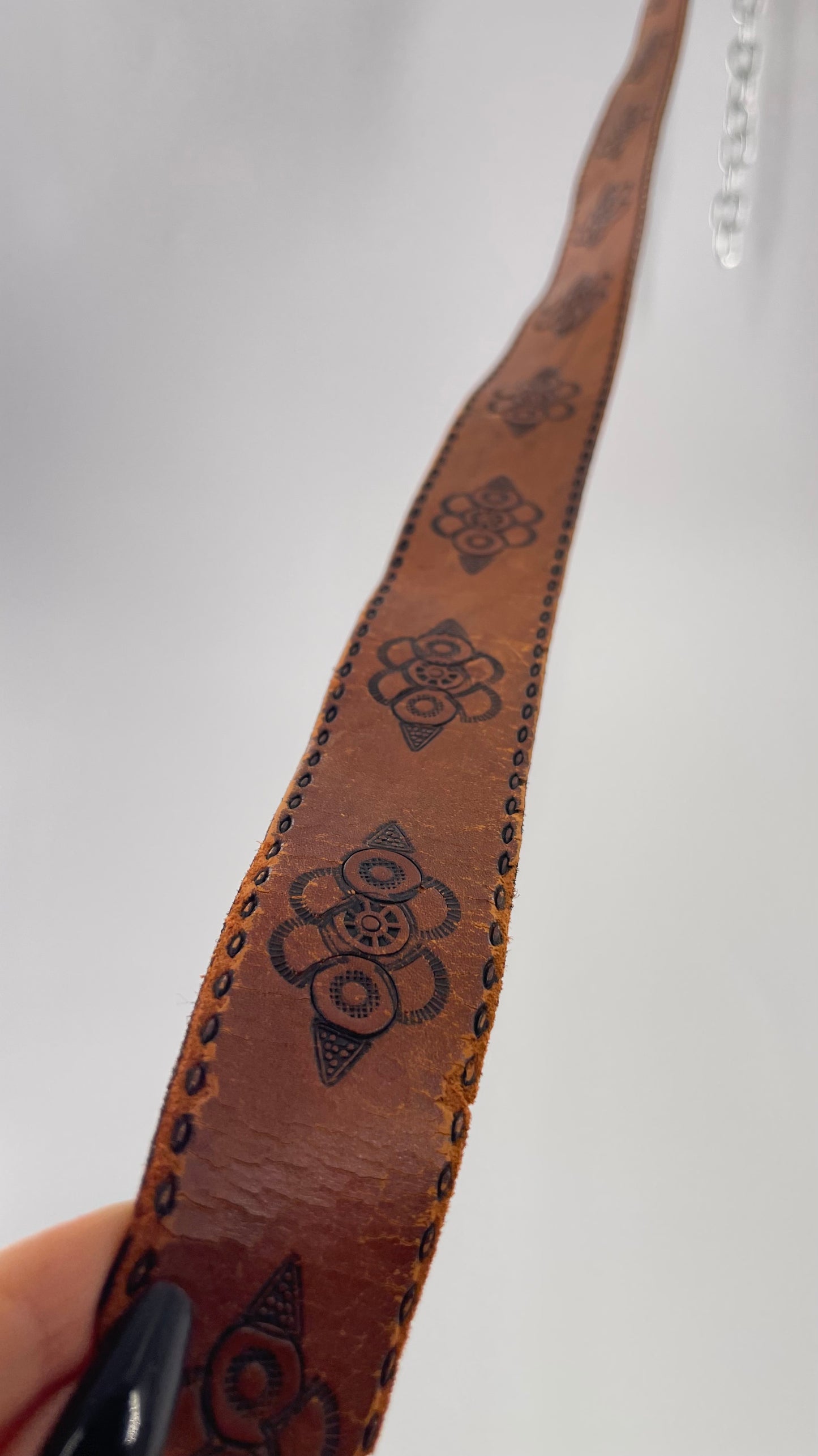 Vintage 70s Hand Tooled HandCrafted Embossed Genuine Leather Belt (S/M)
