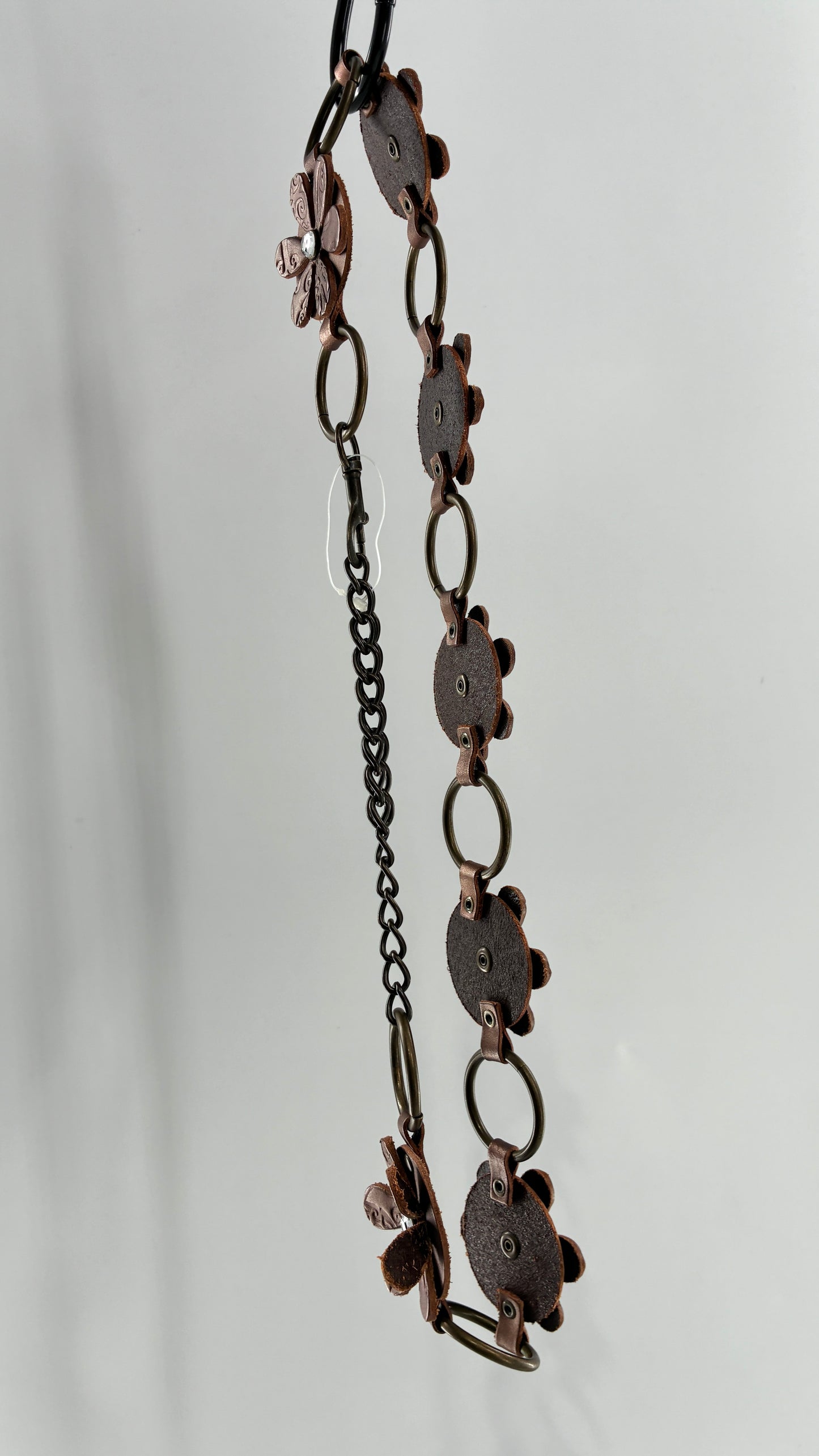 Vintage RELIC Brown Bronze Leather Flower Chain Belt with Rhinestones (M/L)