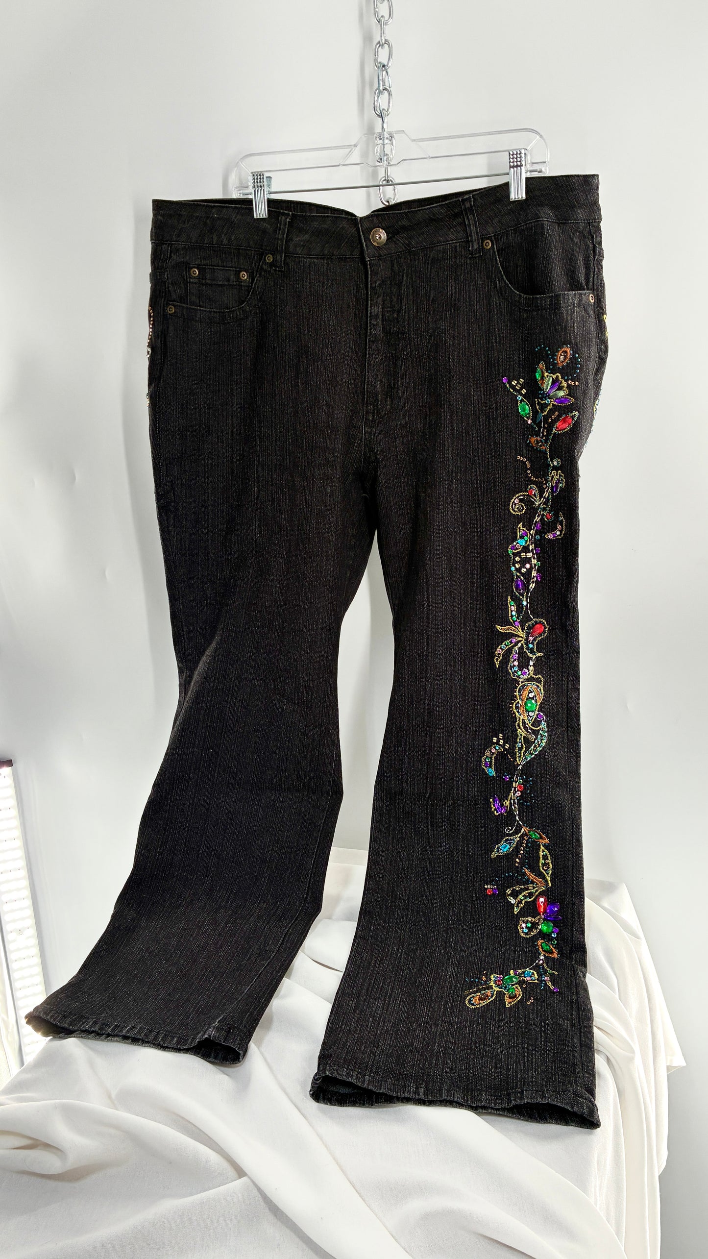 Vintage Grainy Black Denim with Hip to Hem Gemstones and Embroidery (22W)