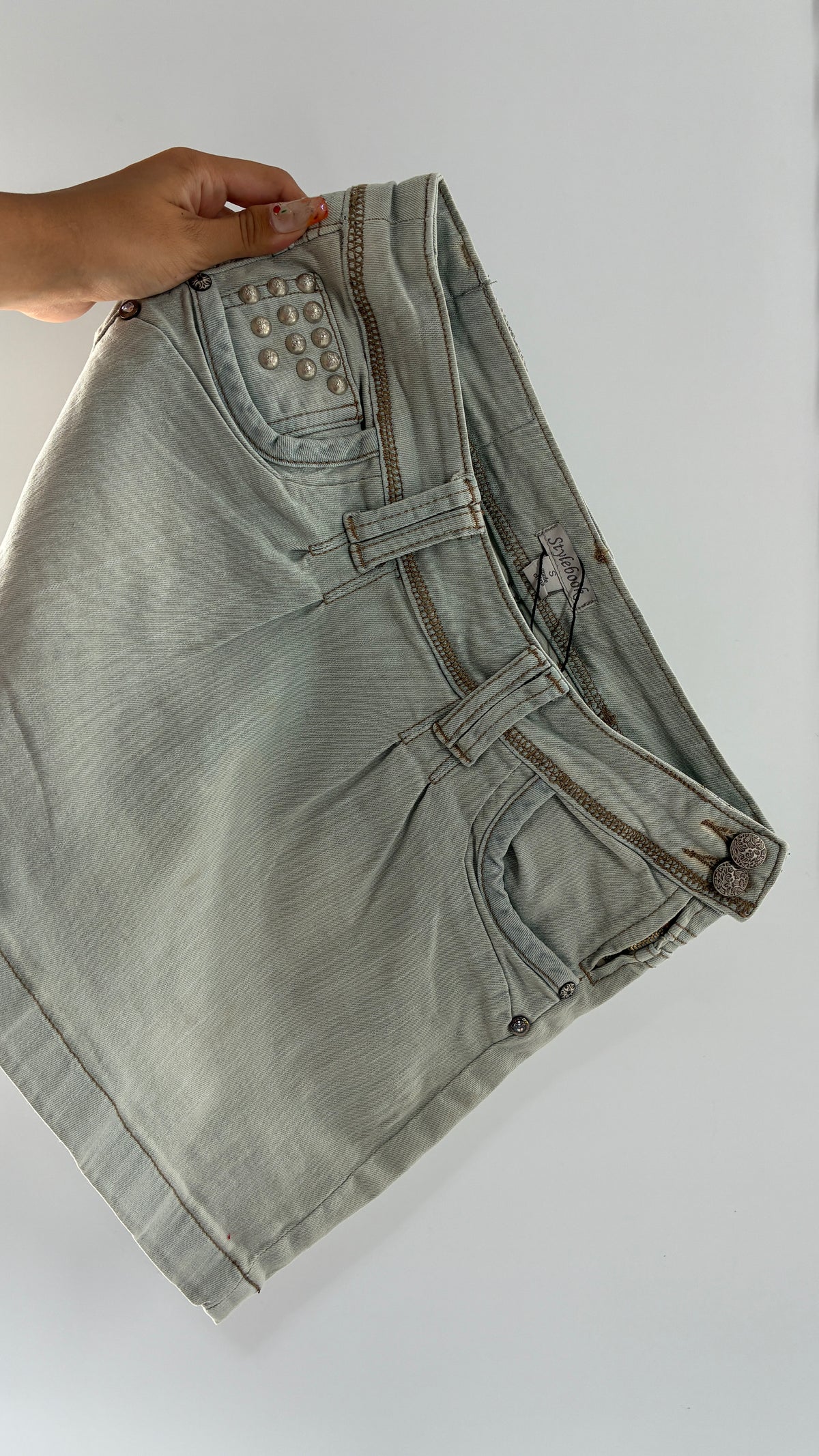 Deadstock Vintage Stylebook Light Denim Mini Skirt with Heavy Engraved Studs and Pleated Details (Small)