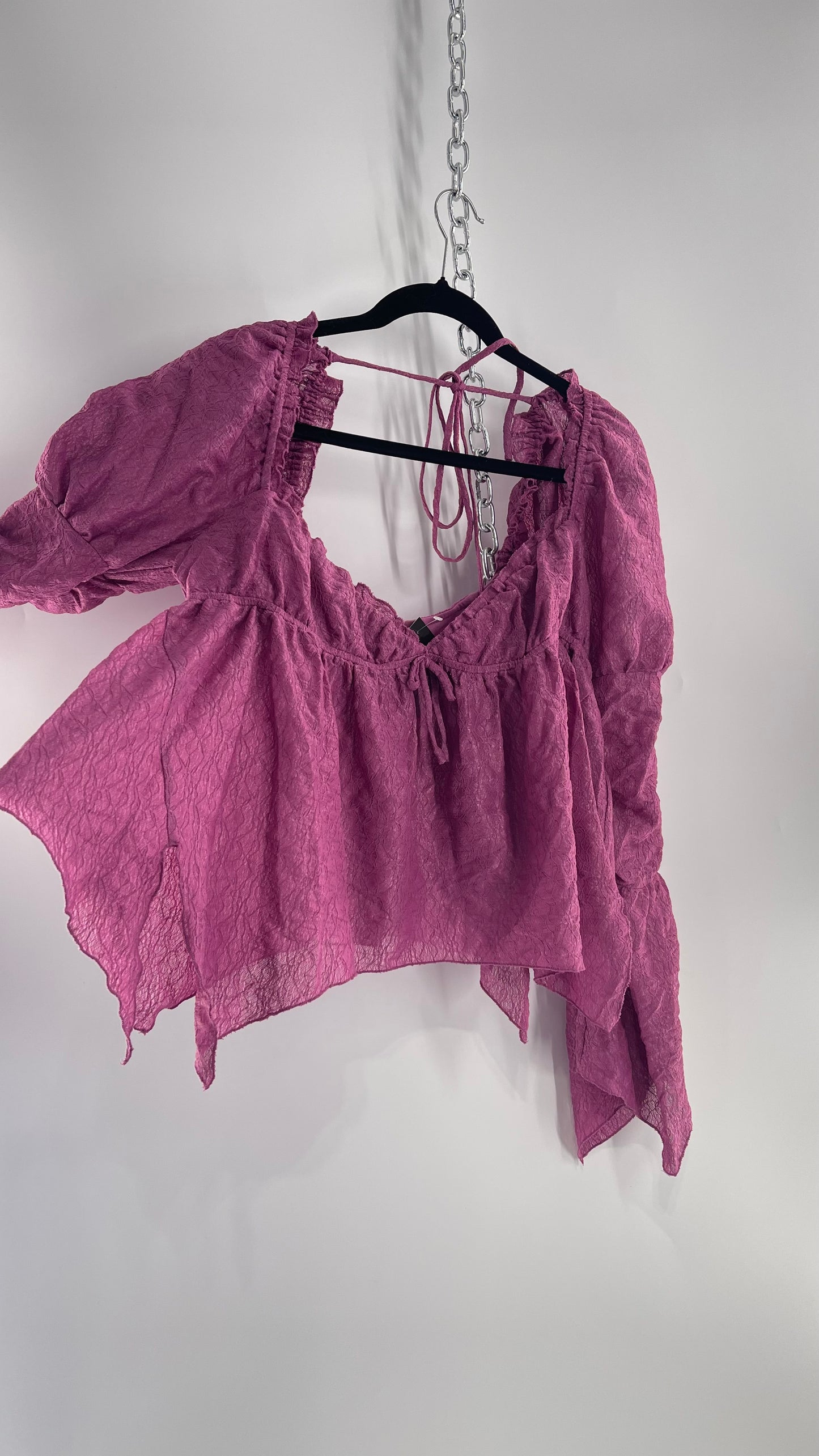 Urban Outfitters Purple Lace Blouse with Handkerchief Slit Hem, Princess Fairy Sleeves, Ruffle Trim Bust and Low Back (Large)