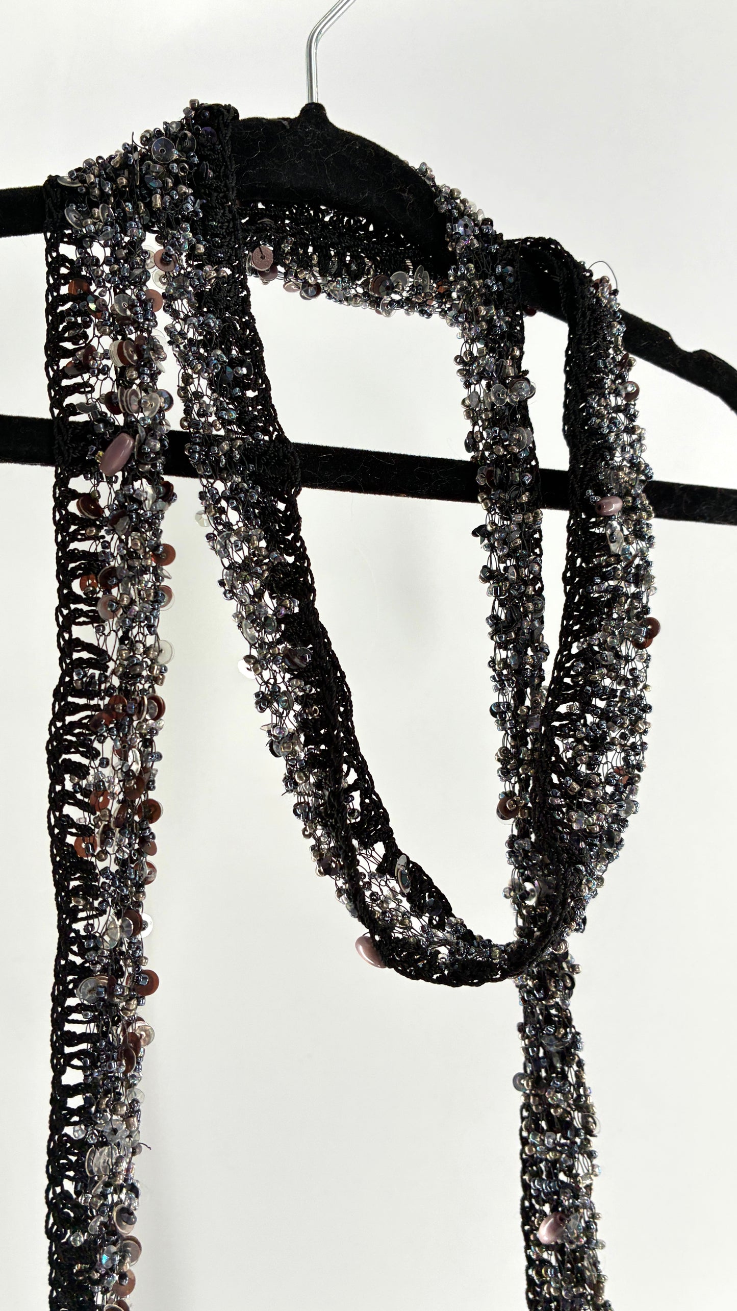 Vintage Black Netted + Crochet Scarf Necklace Covered in Heavy Beading