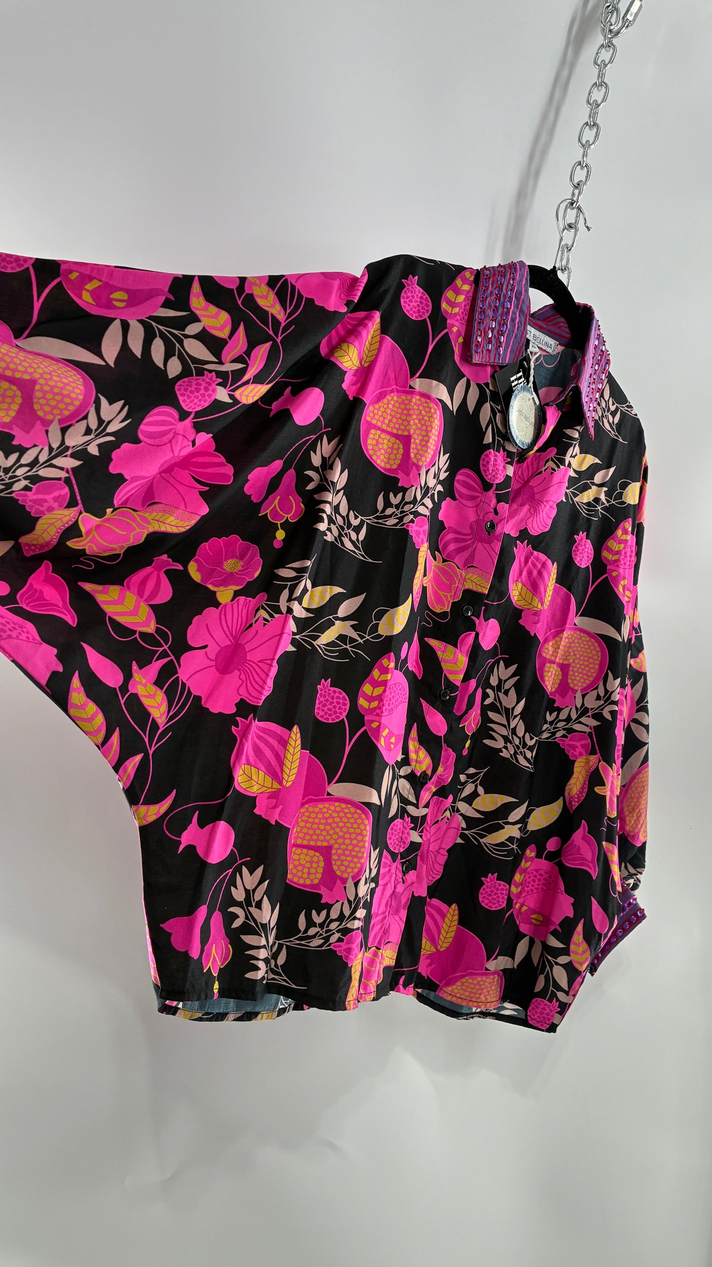 JUST BELLINA Black Oversized Blouse with Exaggerated Sleeves, Embroidered Collar and Tags Attached (XS)