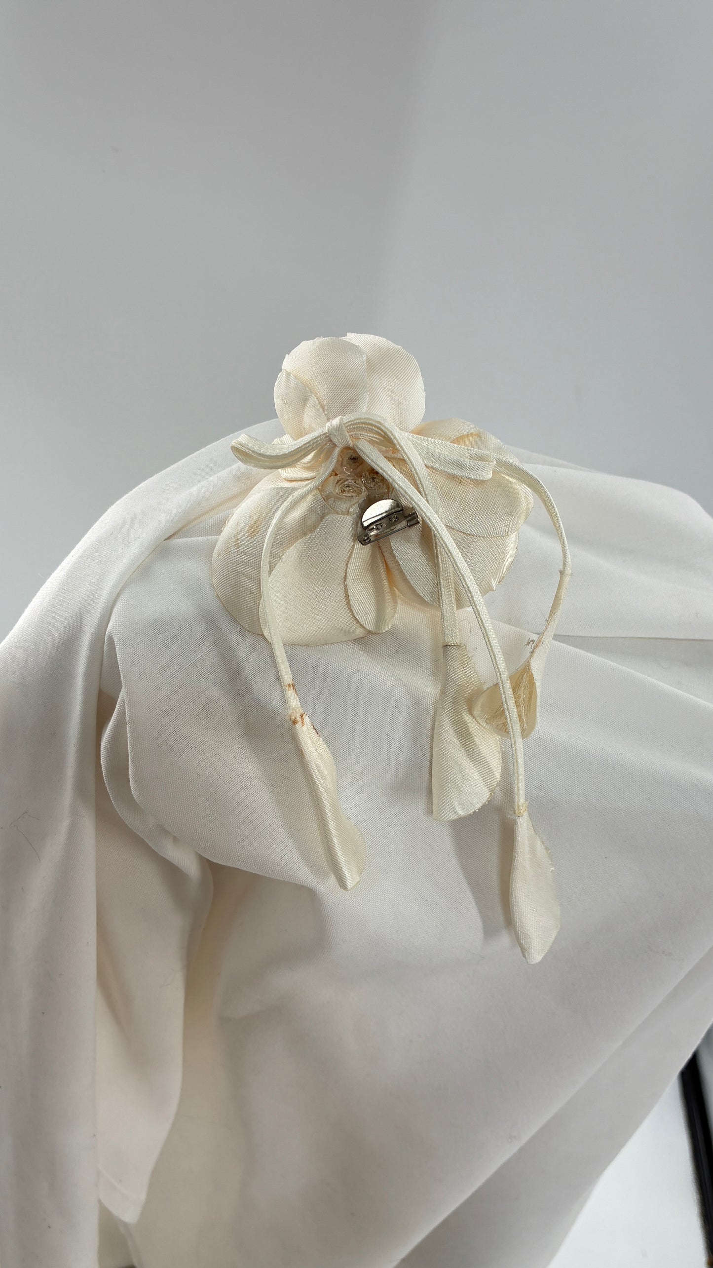 Vintage Brooch Pin: Oversized Rosette Cluster of Handmade Off White Satin and Lace Flowers with Pearl Center