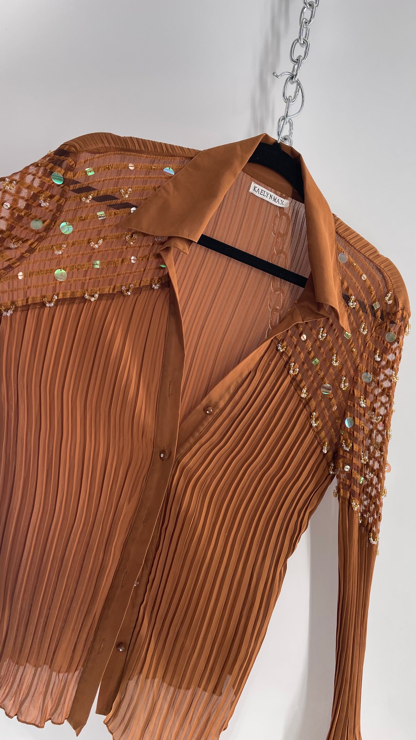 VINTAGE KAELYN-MAX Orange Brown Pleated Blouse with Beaded Embellishments (Medium)