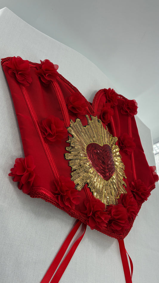 Red Handmade Corset with Rosette Appliqués and Sequin Heart Design (Small)