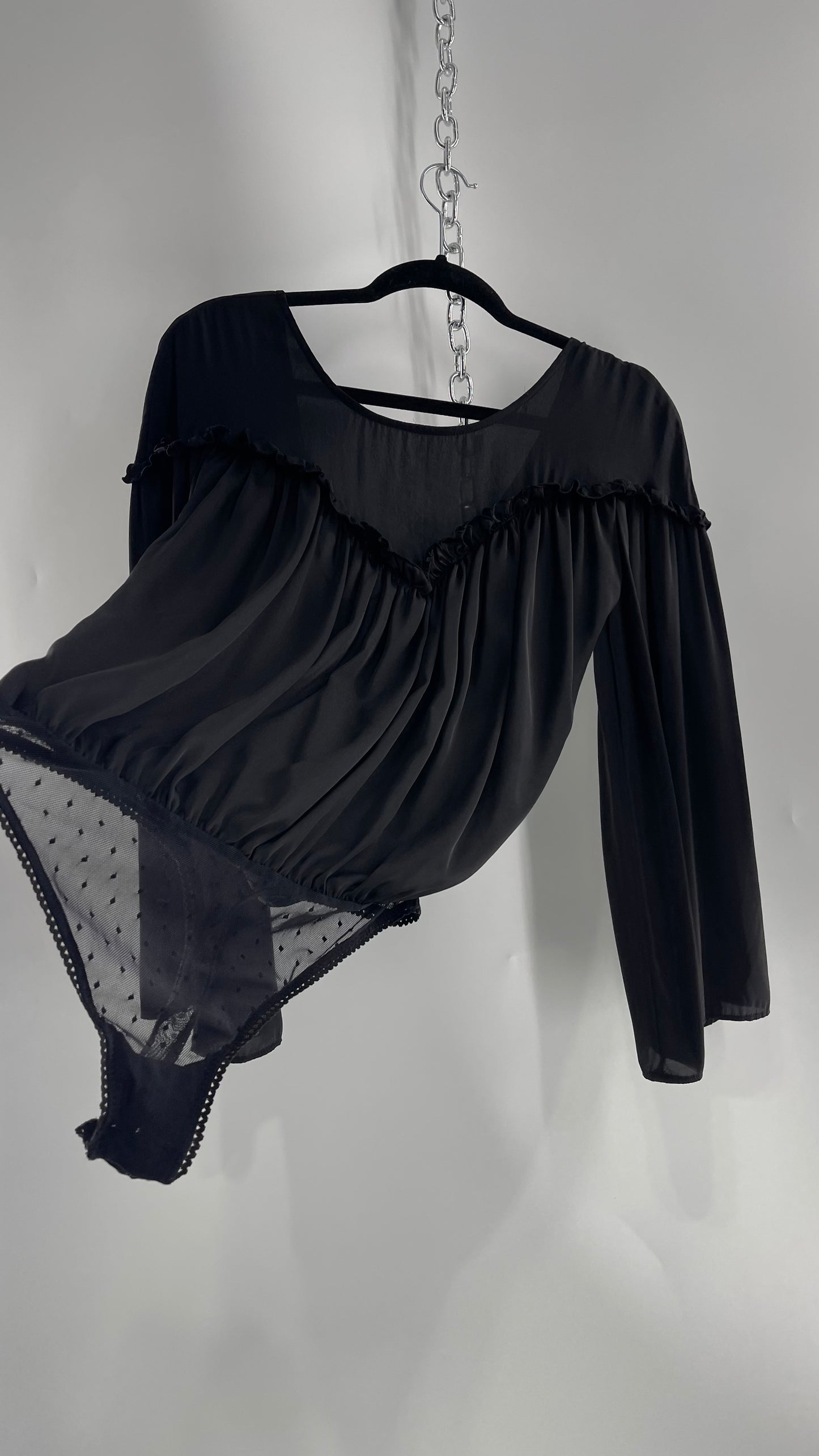 Free People Black Silky Ruffled Sweetheart Neckline Detail with Pleated Bodice and Open Back (XS)