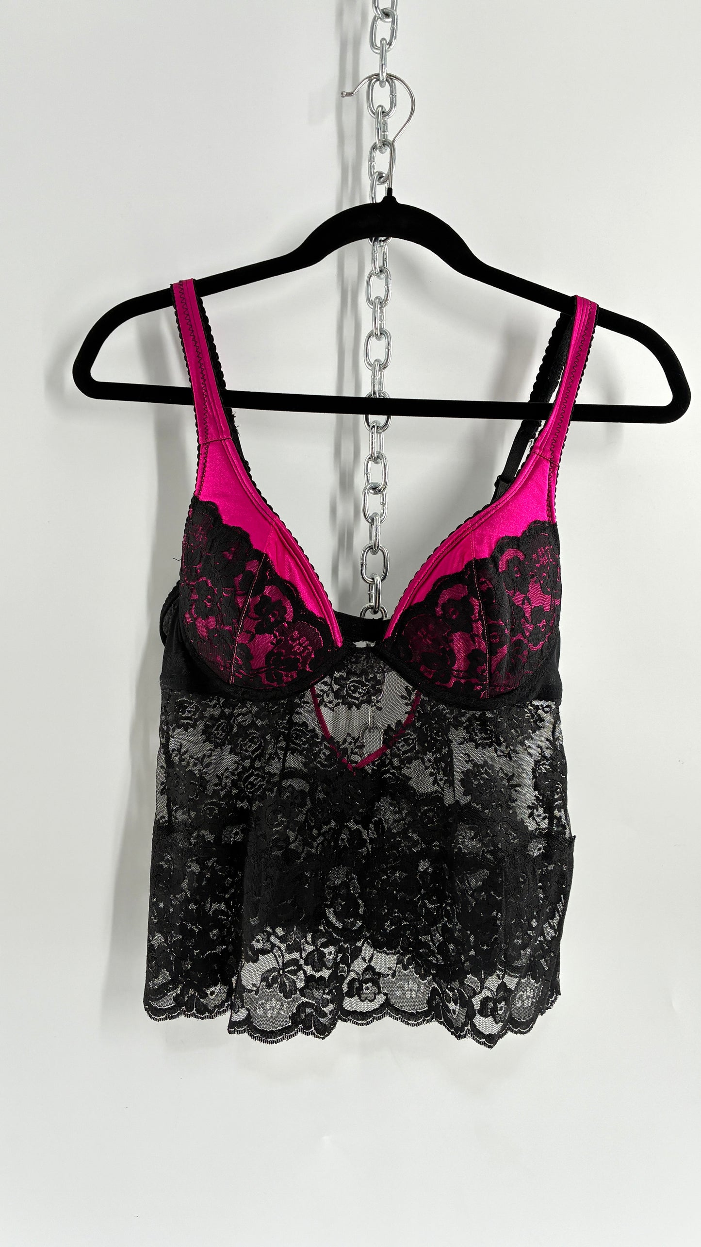 Vintage DONNA LOREN Black Lace Bustier with Satin Pink Cups (34C)