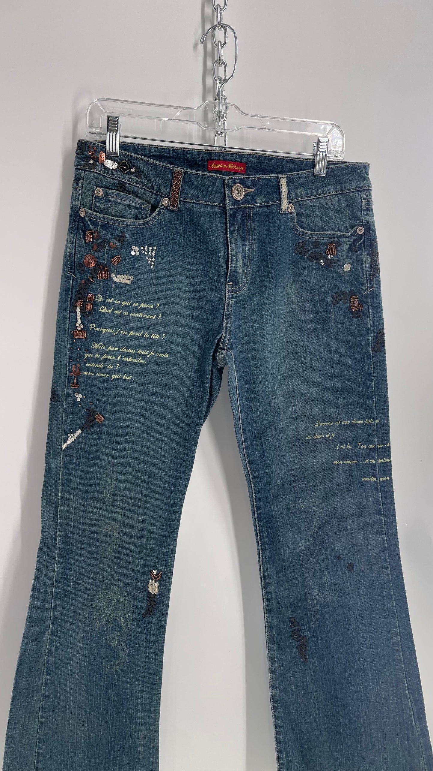 Vintage 1990s American Exchange Embroidered, Beaded Jeans with Distressing and Fade (30)