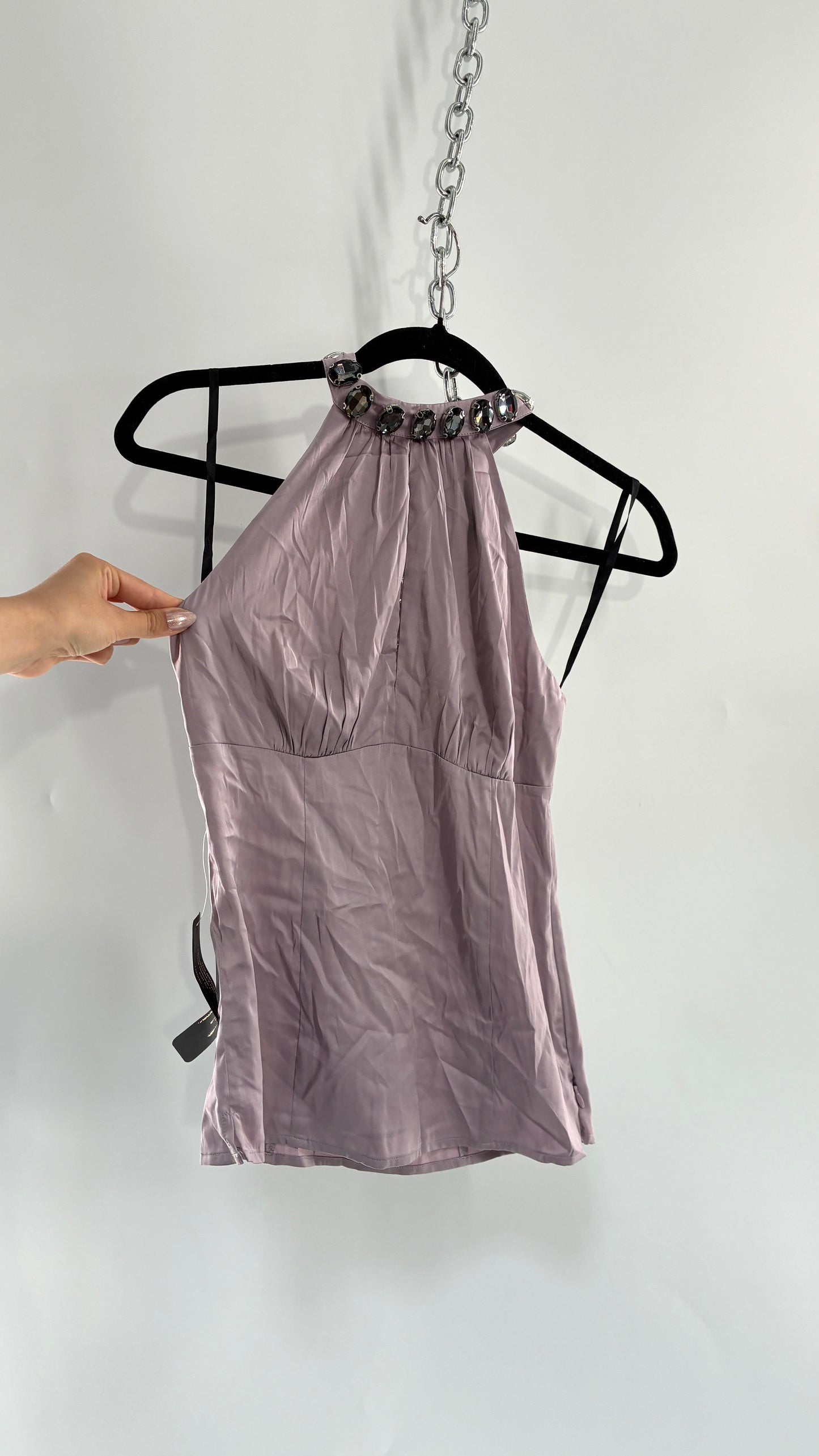 Deadstock Vintage BEBE Silky Dusty Purple Halter with Oversized Rhinestone Choker (XS)