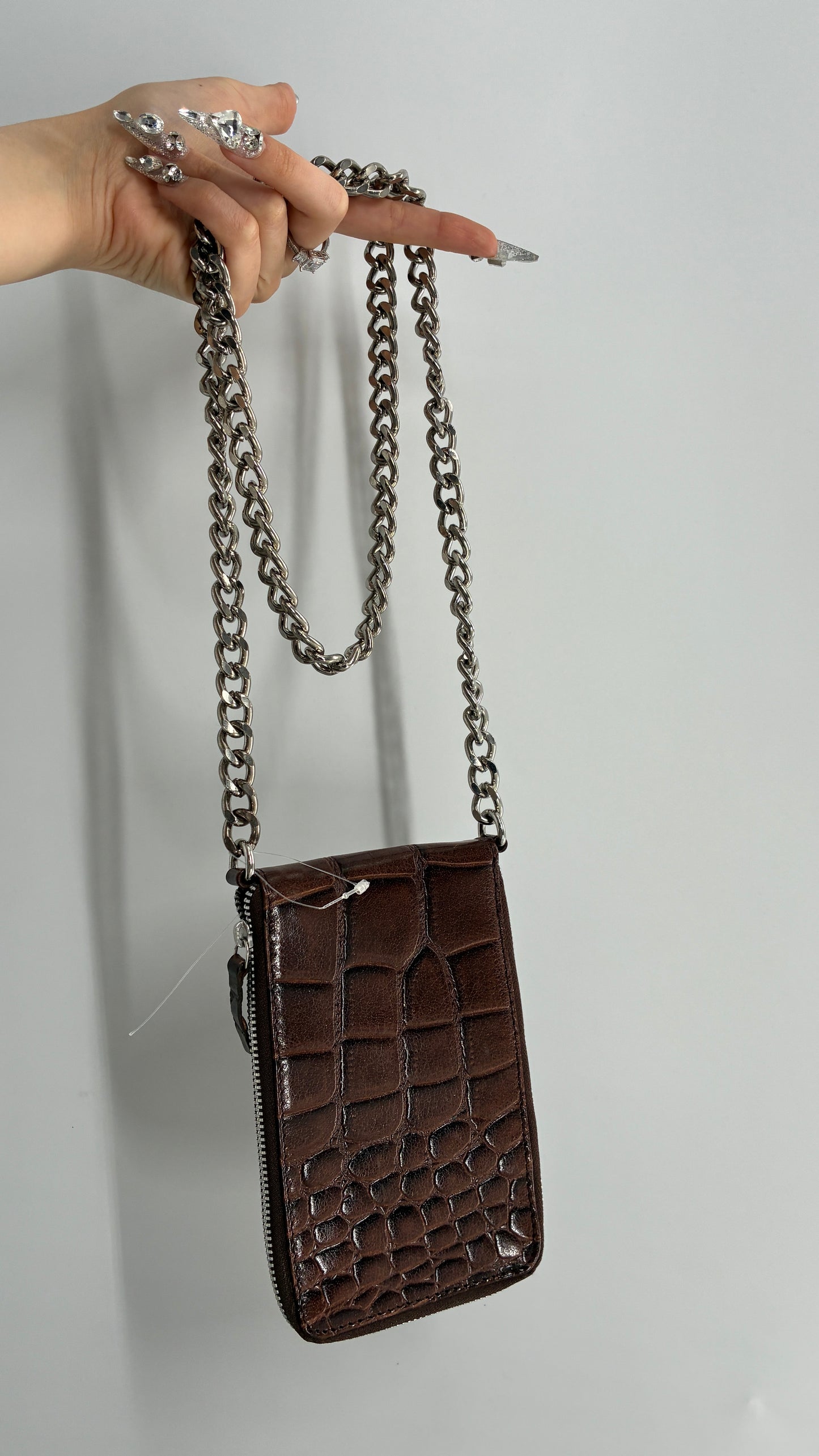 Free People Brown Crocodile Embossed Leather Phone Case Purse