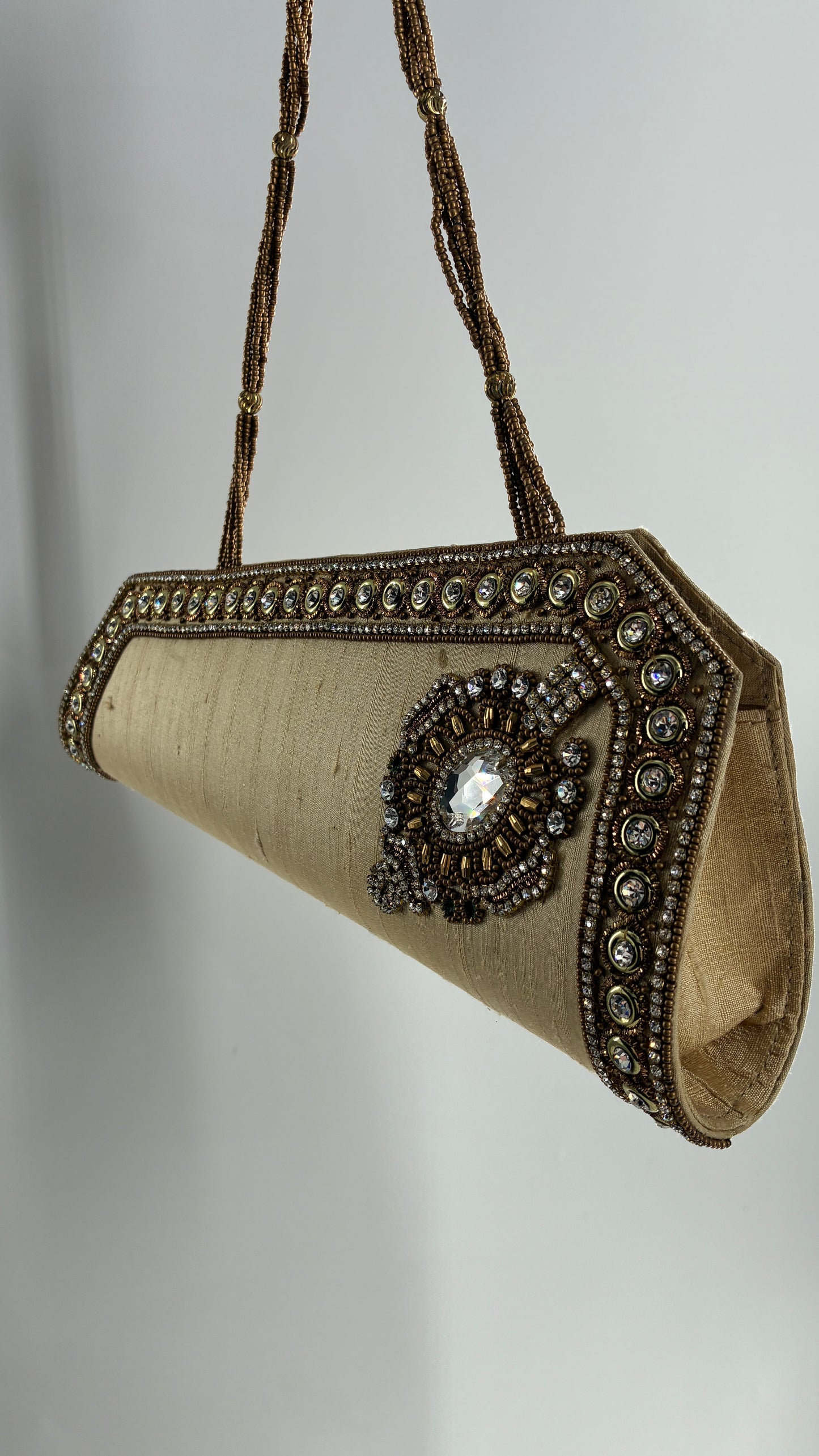 Vintage 1990s Asymmetric Gold Purse with Beading and Rhinestone Detailing