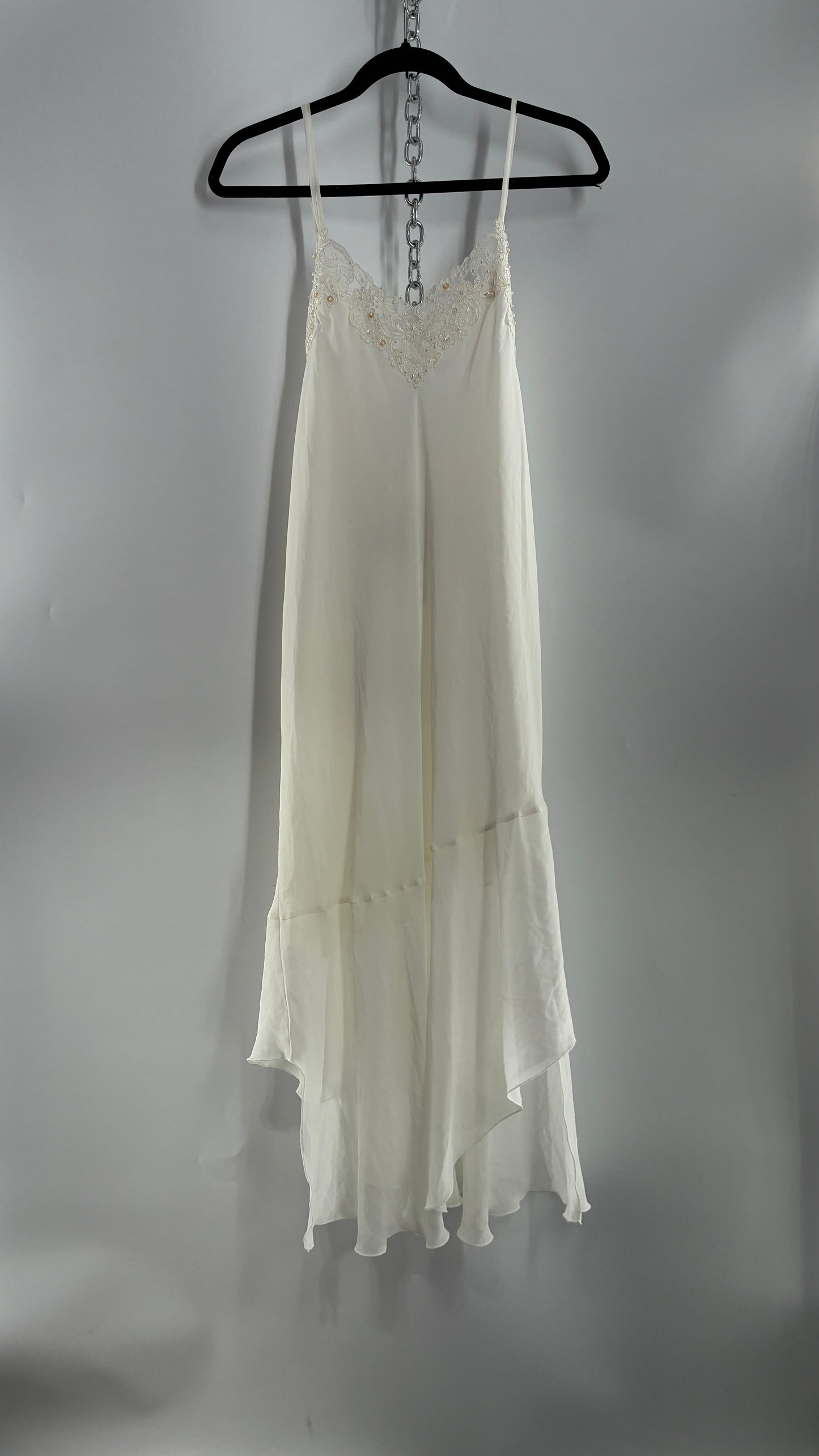 Vintage CALIFORNIA DYNASTY Ivory Maxi Slip Nightgown Dress with Sequin Neckline and Handkerchief Hem (Large)