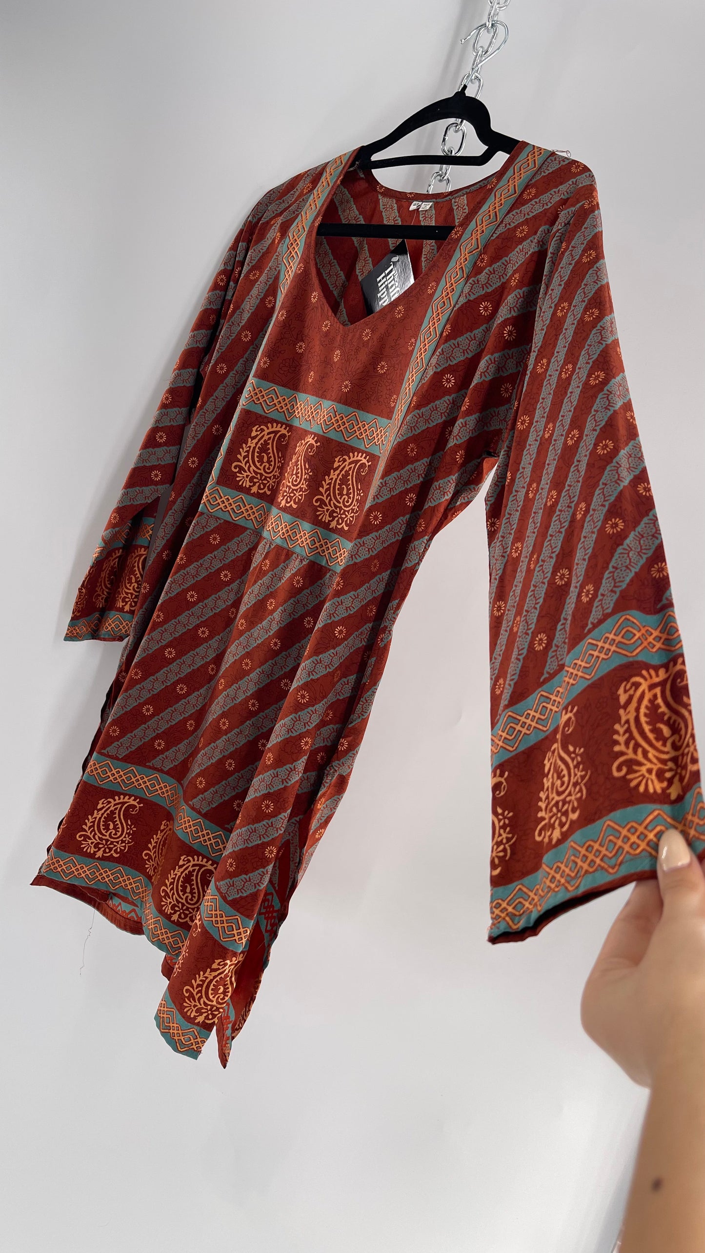 Vintage 1970s Indian 100% Silk Tunic Burnt Orange, Teal and Gold (40)
