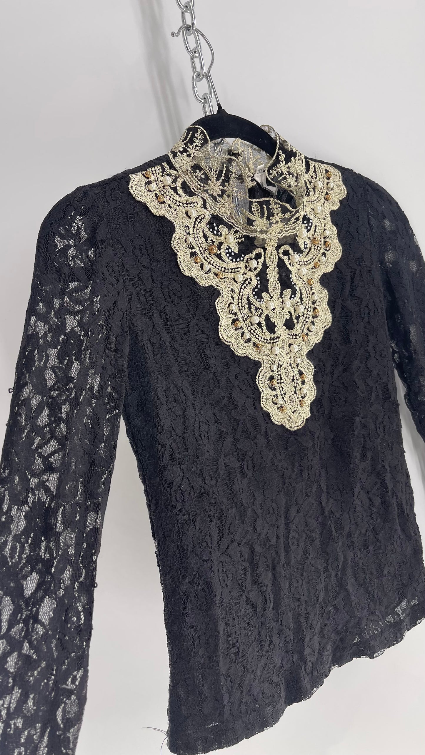 Biexiu Vintage Black Lace Semi Sheer Blouse with Ivory Gold Beaded Embroidered Neckline (Small)