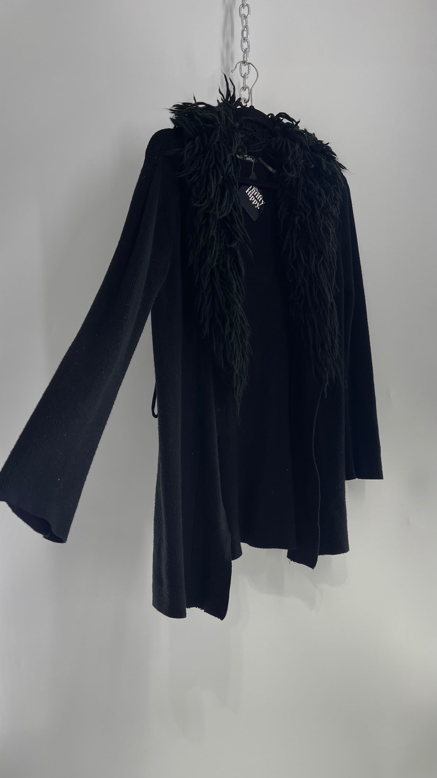 Dolce Cabo Vintage Worn Used Black Knit Cardigan with Exaggerated Shaggy Collar  (Medium)