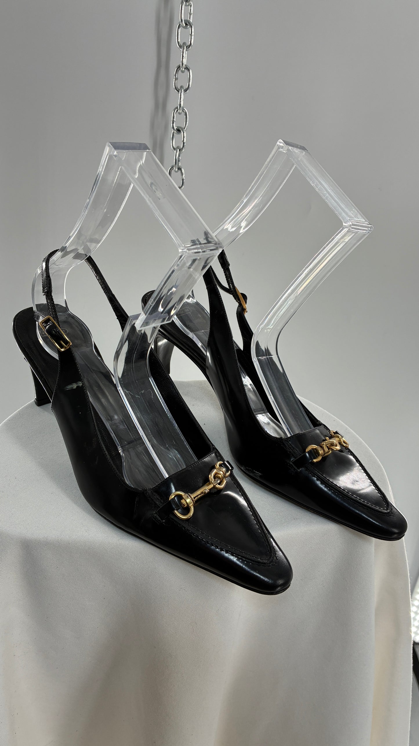 Vintage COACH Black Patent Leather Sling Back Kitten Heel with Brass Closure Detail (8.5)