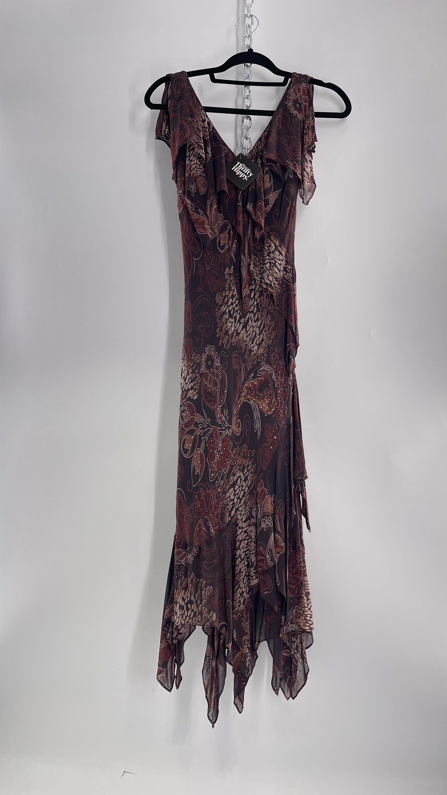 Vintage 90s EVA BLUE Brown MIDI dress with beading and Handkerchief Fairy Hem (10)