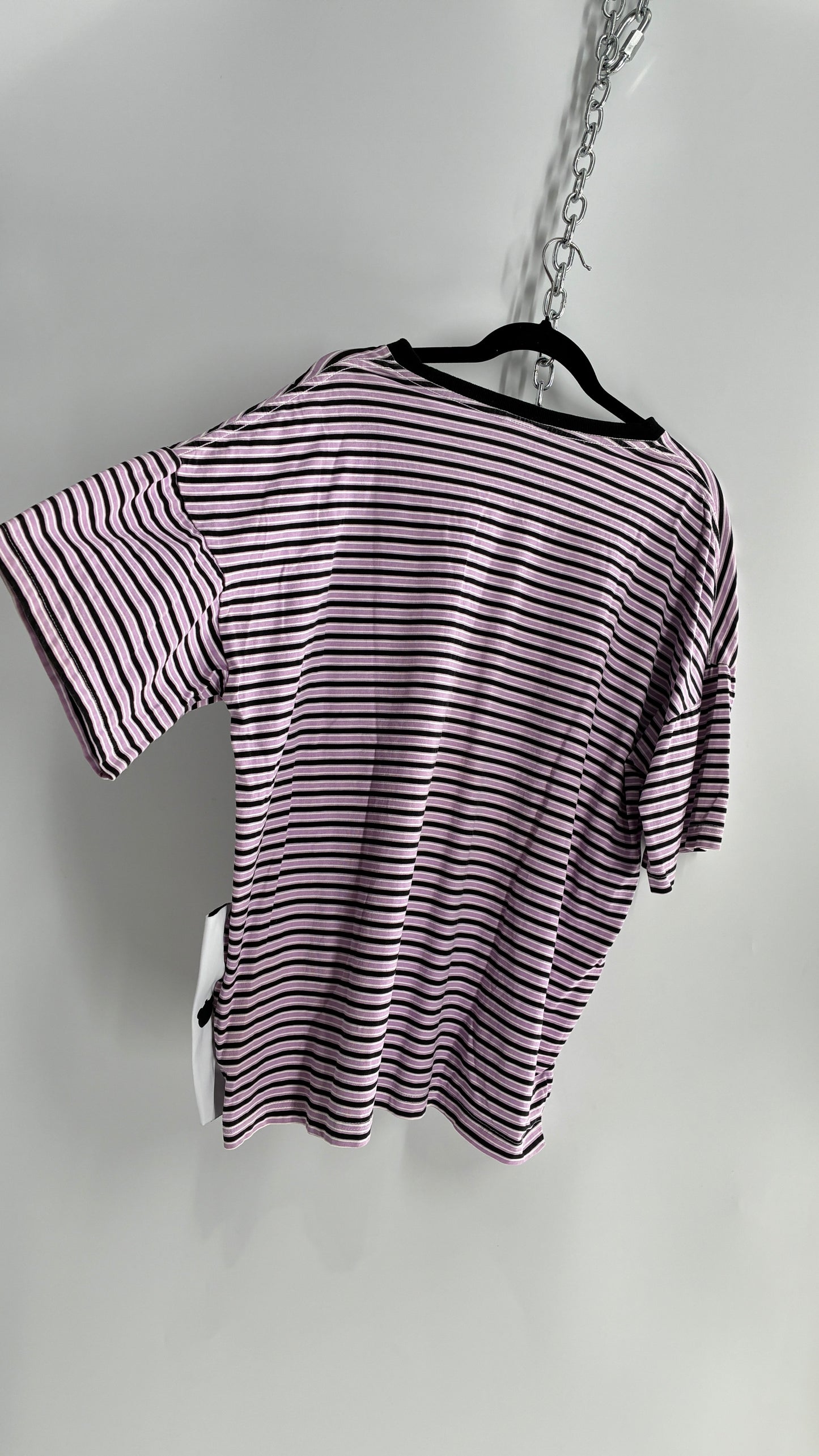 NICOPANDA Purple Black Striped Oversized Boxy T Shirt (Large)