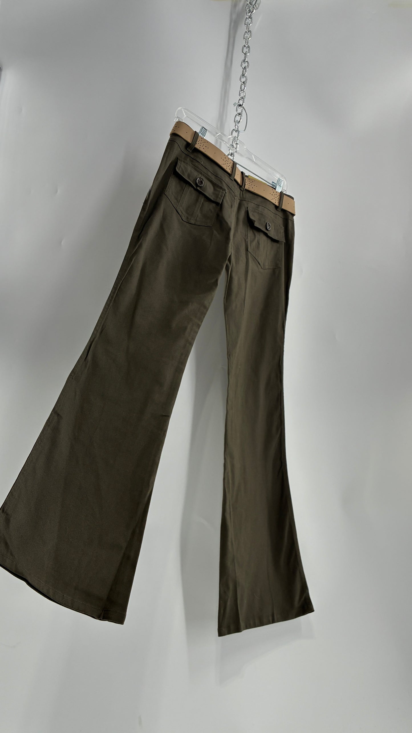 Deadstock Vintage MOKACHINO Olive Green Low Rise Kickflares with Hip/Bum Pockets and Built in Belt (7)