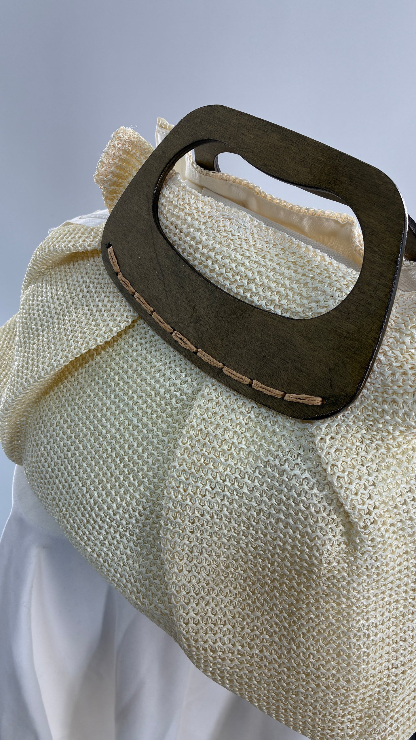 Off White Woven Clutch Bag with Wooden Handle Detail