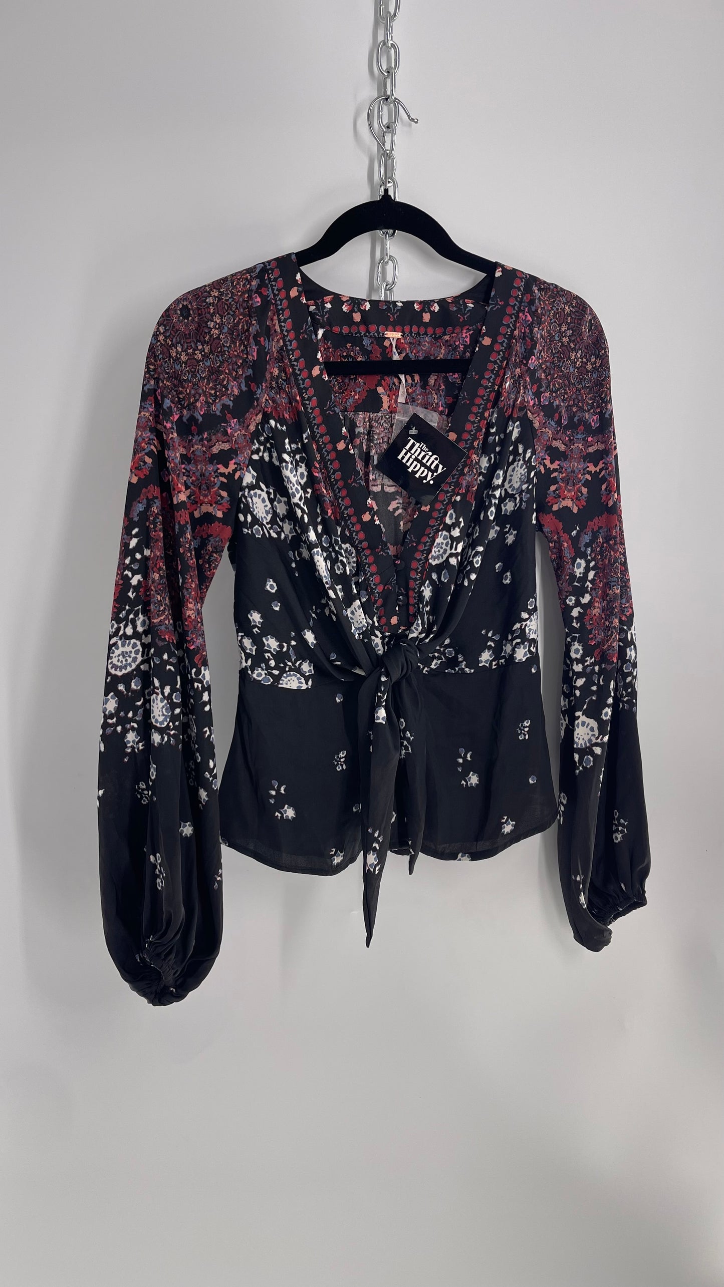 Free People Black Silky Balloon Sleeve Tie Bust Blouse  with Button Bag  (XS)