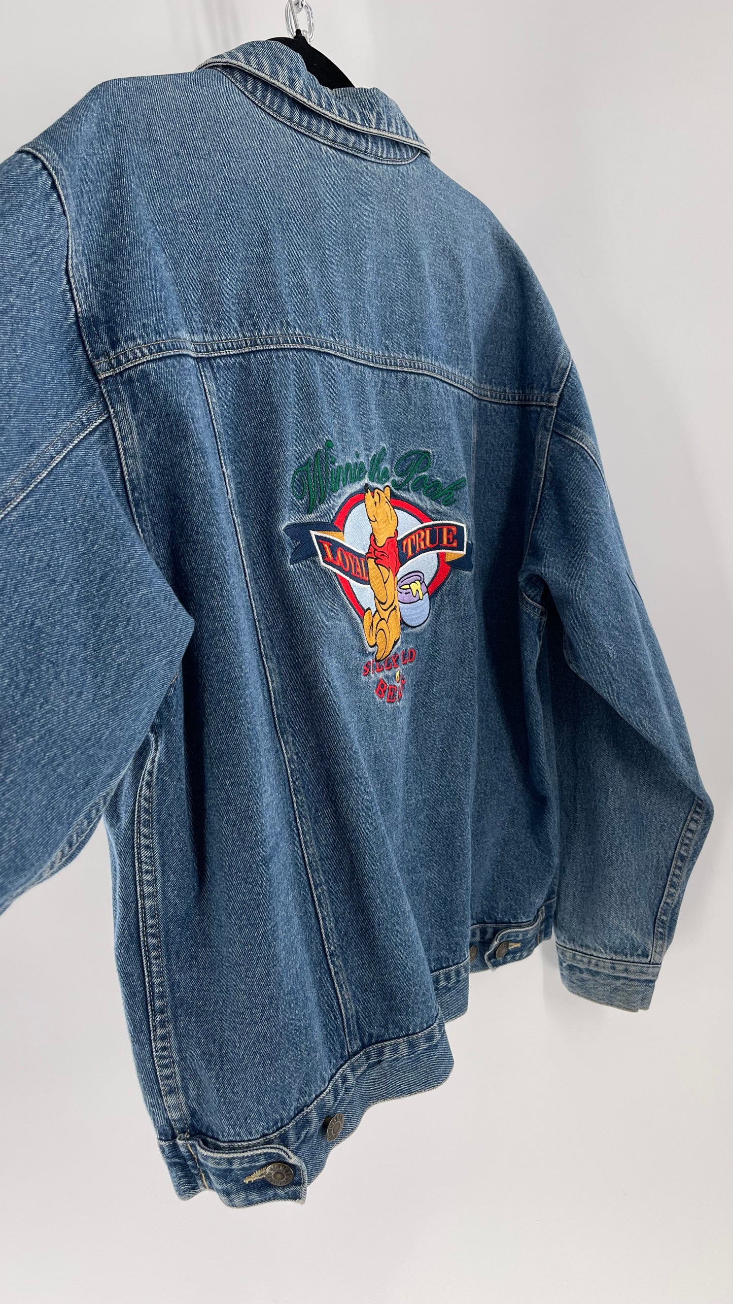 Vintage Disney Denim Jacket with Embroidered Graphic/Patches on Back and Pocket (Medium)