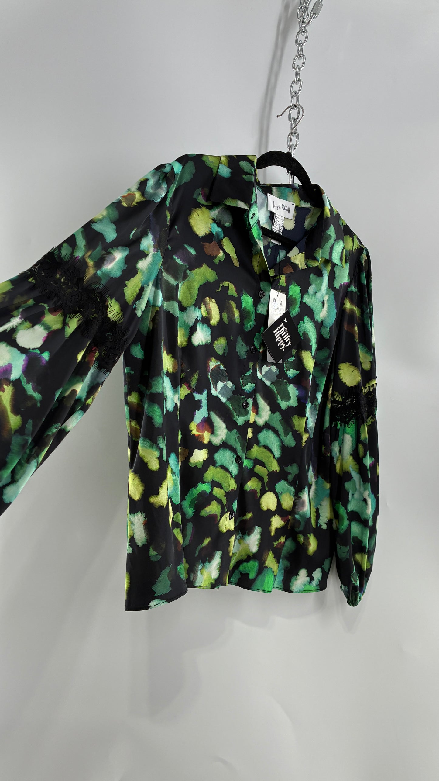 JOSEPH RIBKOFF Green Graphic Balloon Sleeve Blouse with Tags Attached (14)