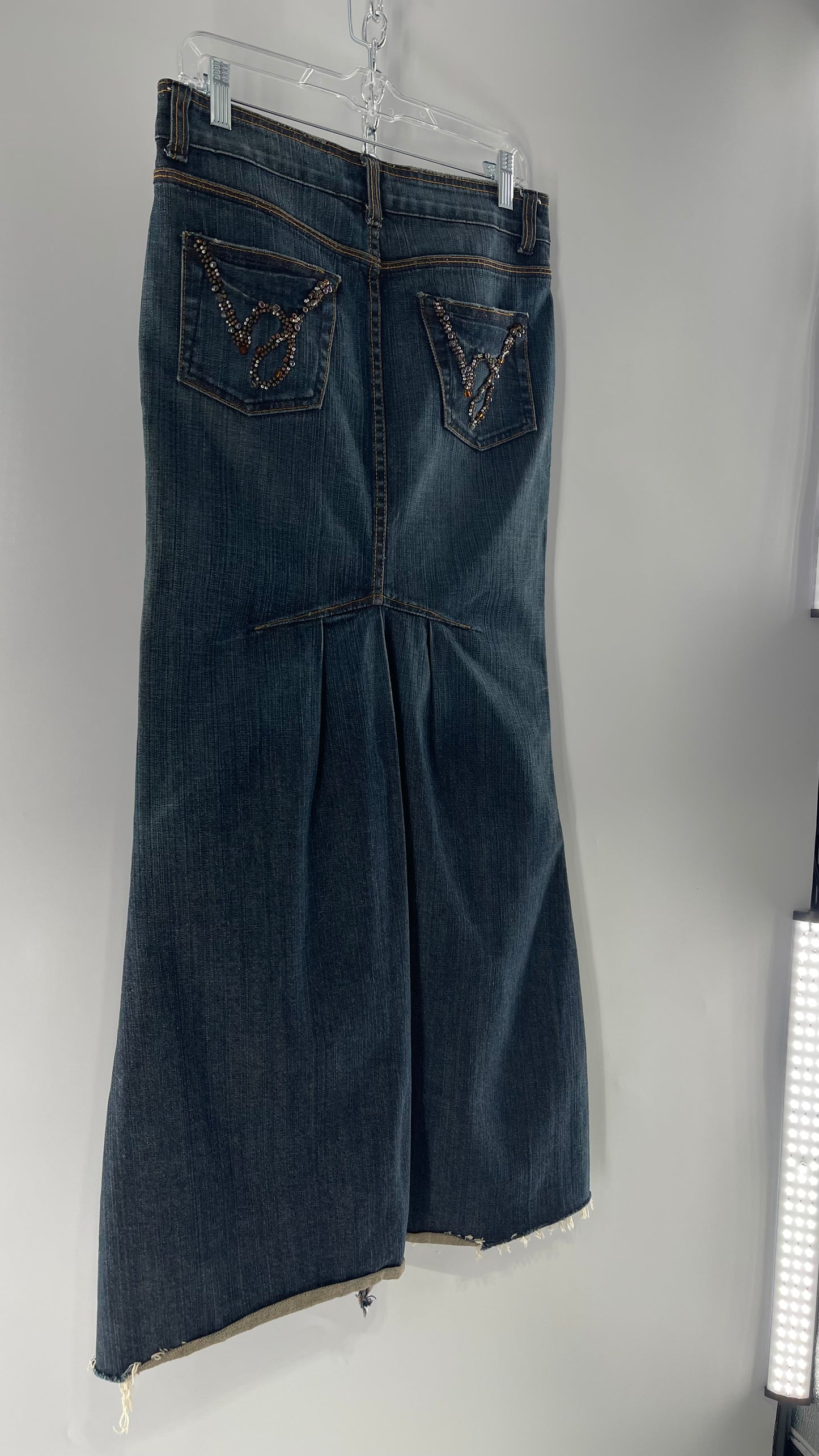 Vintage Stonewash Bebe Denim Long Skirt with Raw Edge Hem and Beaded Back Pocket Detail (27)