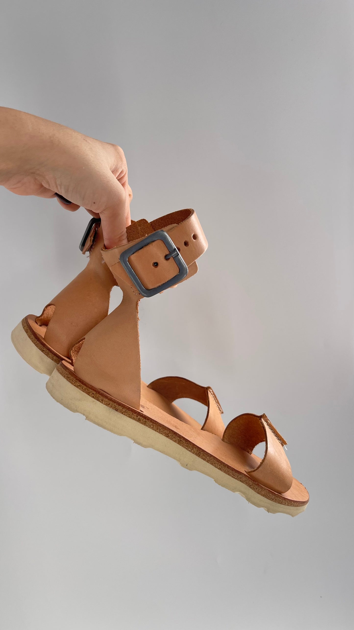 Free People Reef Light Nude / Tan Leather Sandals with Thick Ankle Strapped Buckle (6)