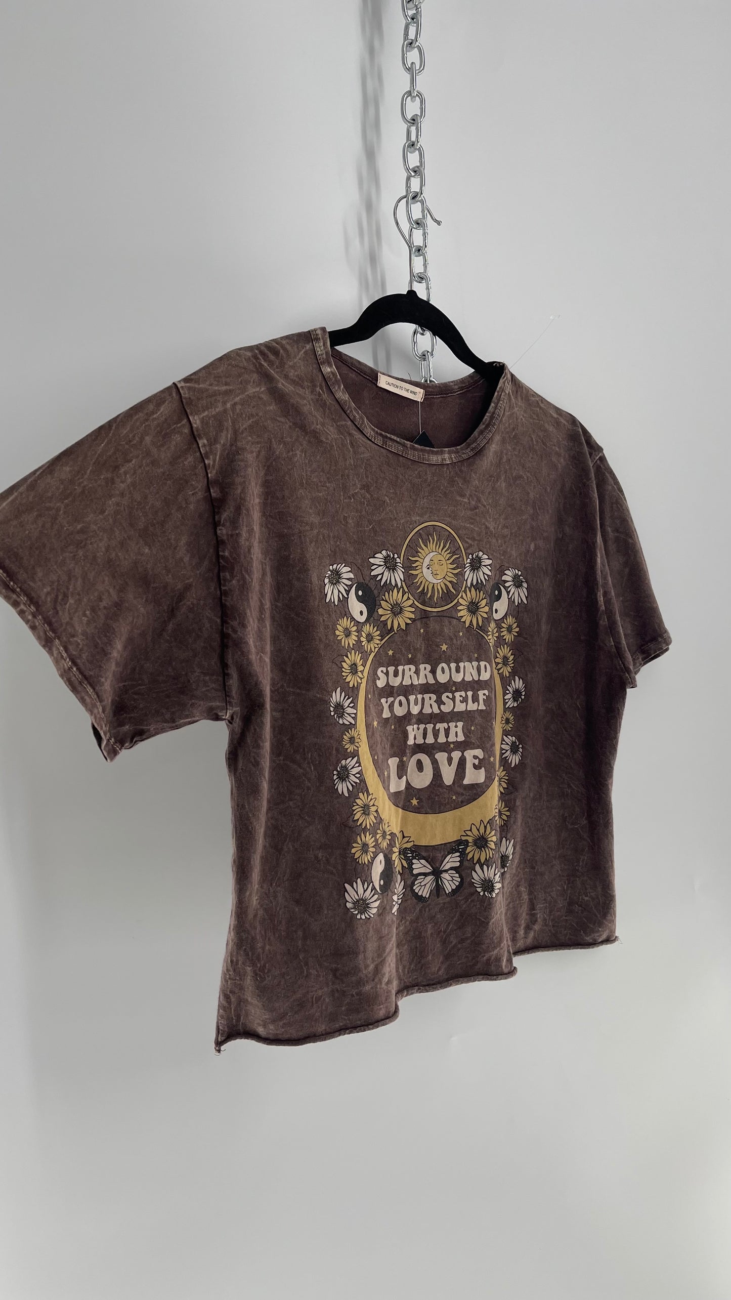 Caution to the Wind Brown Acid Wash T with “Surround Yourself with Love” Hippy Graphic (S/M)