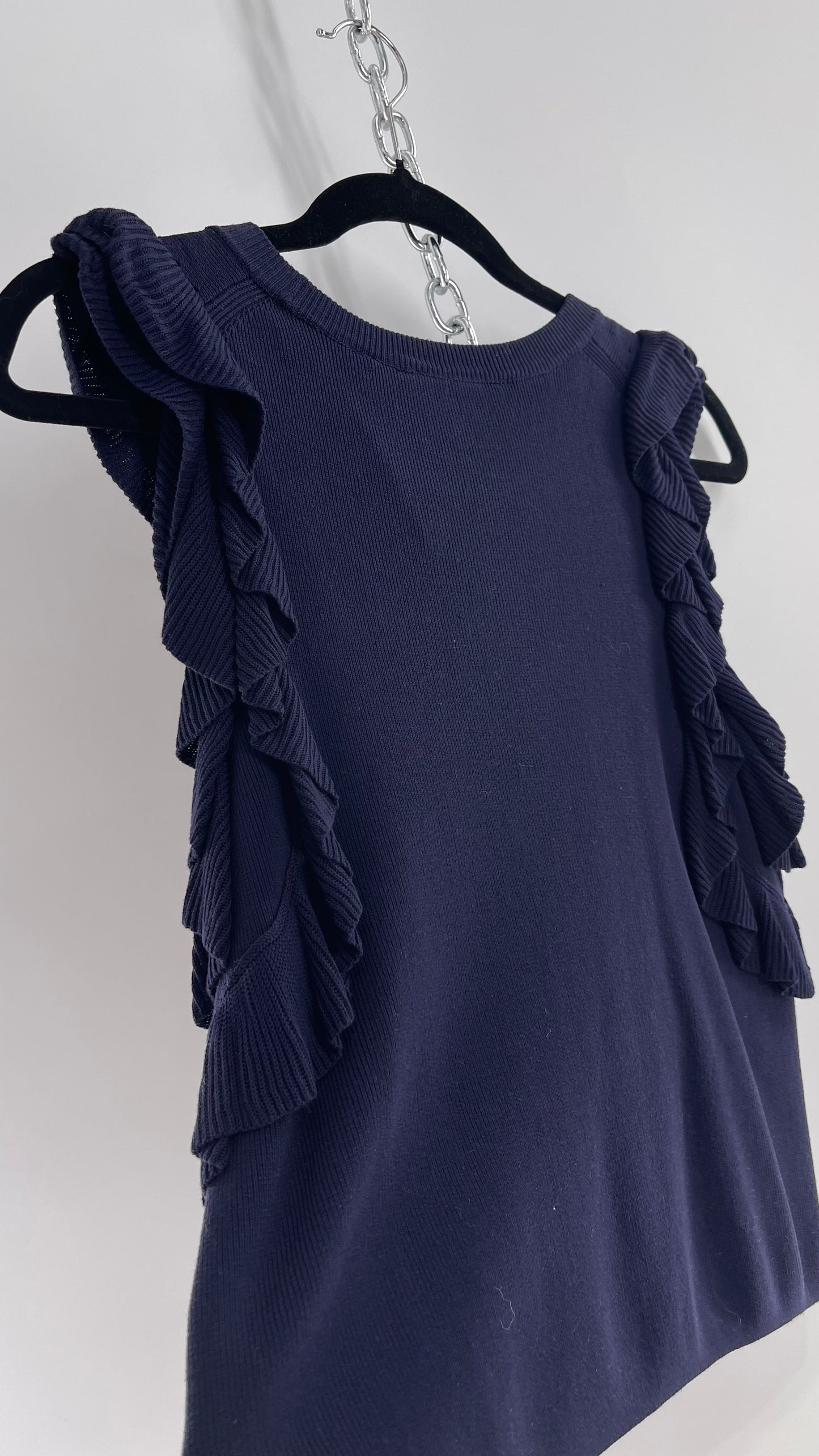 Anthropologie Knitted & Knotted Navy Ruffled Arm Sleeveless Blouse (Small)