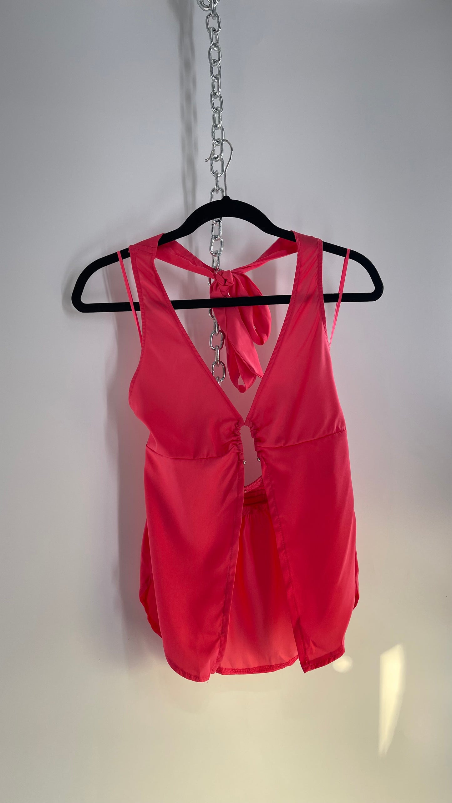 Free People Hot Pink Silky Vented Halter with Silver Metal Bust Detail (Small)