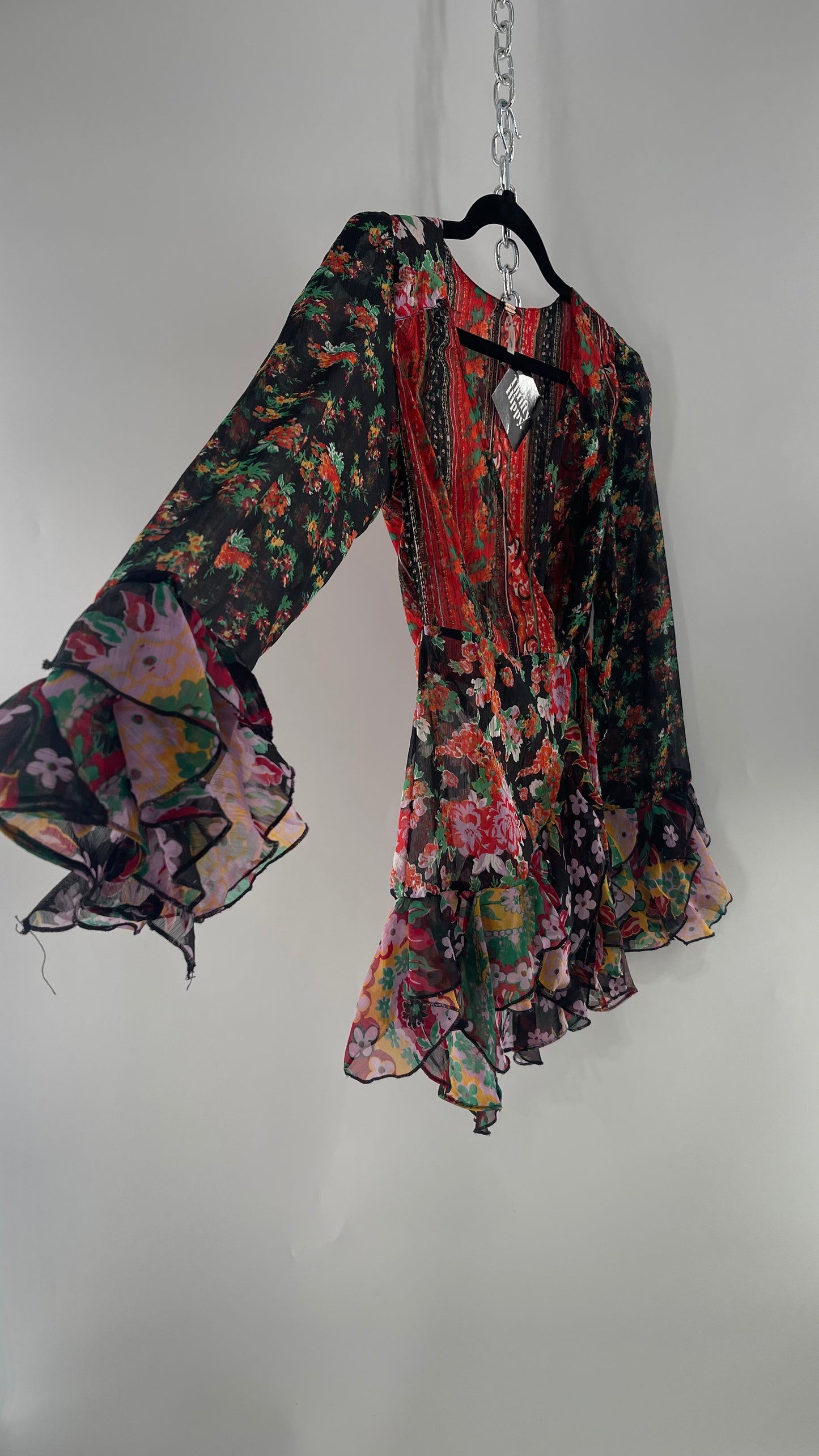 Free People Black Colorful Floral Tie Front Blouse with Ruffled Sleeves and Hem(XS)