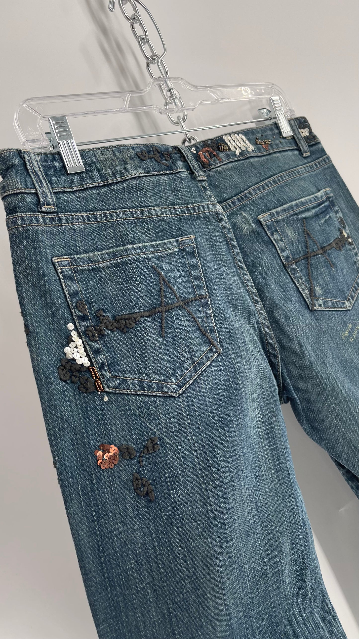 Vintage 1990s American Exchange Embroidered, Beaded Jeans with Distressing and Fade (30)