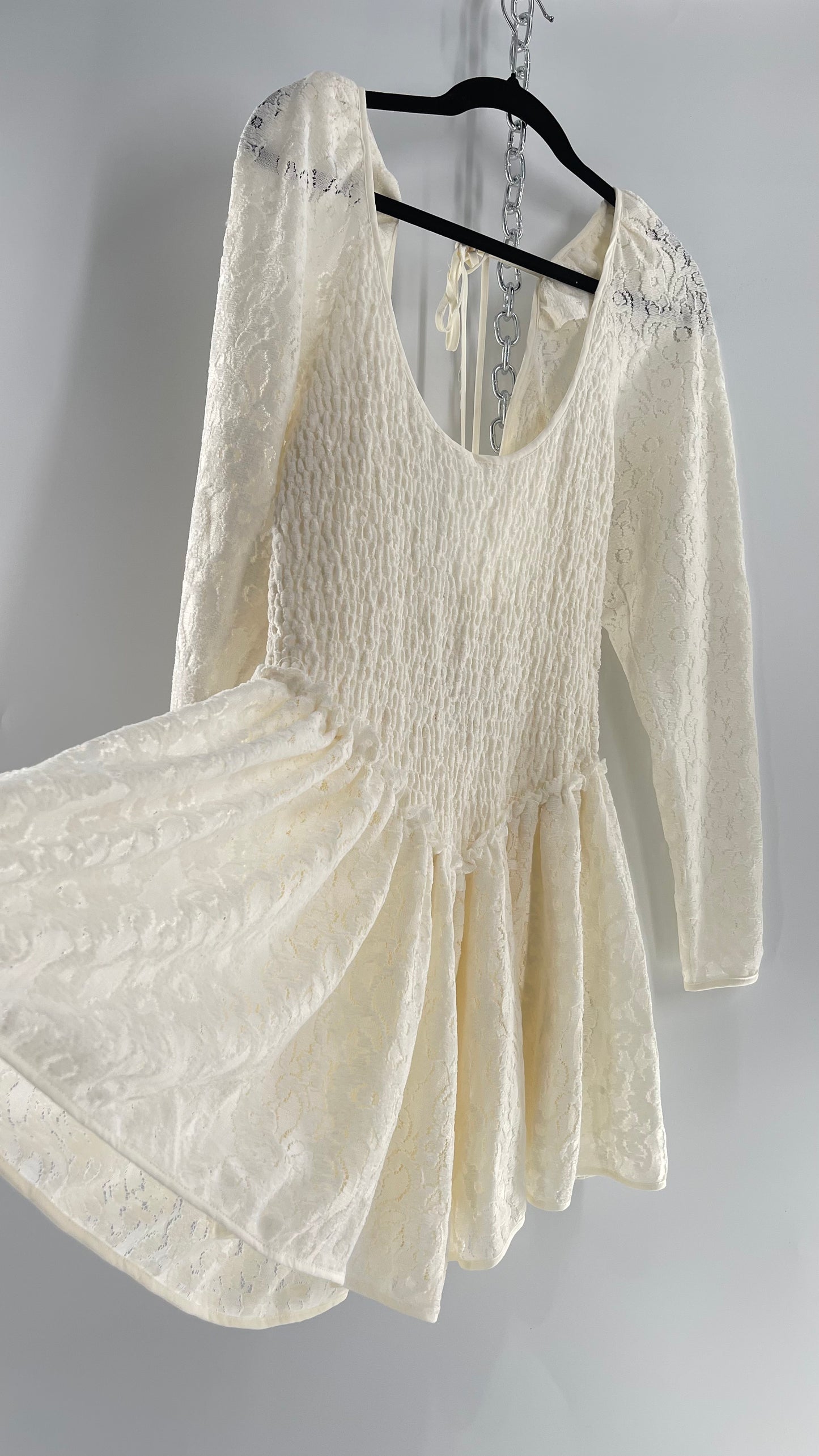 Free People White Velvet Lace Dress with Smocked Bodice and Pointed Waistline (Medium)