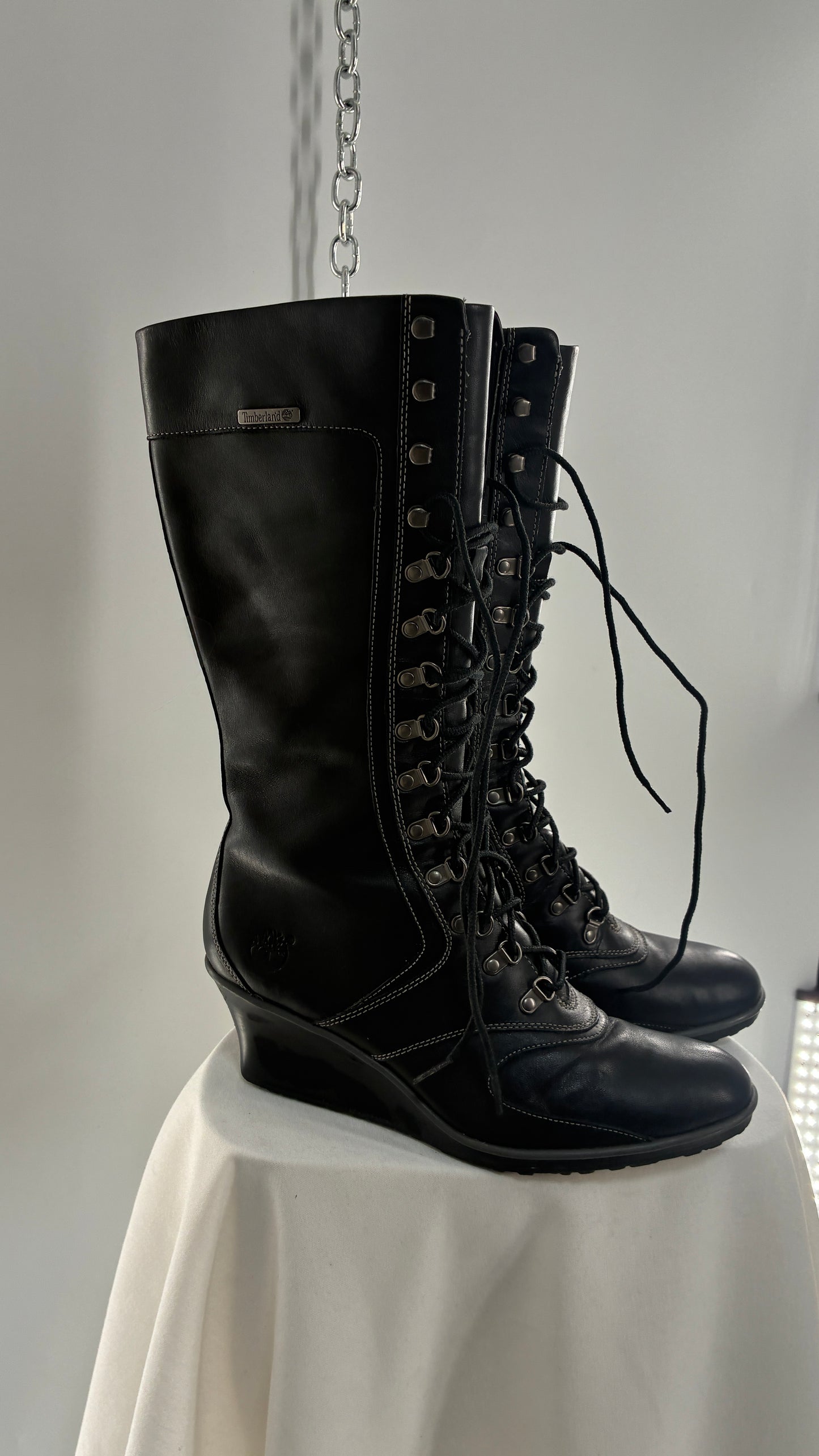 Vintage TIMBERLAND Black Genuine Leather Wedge Boots (10)
